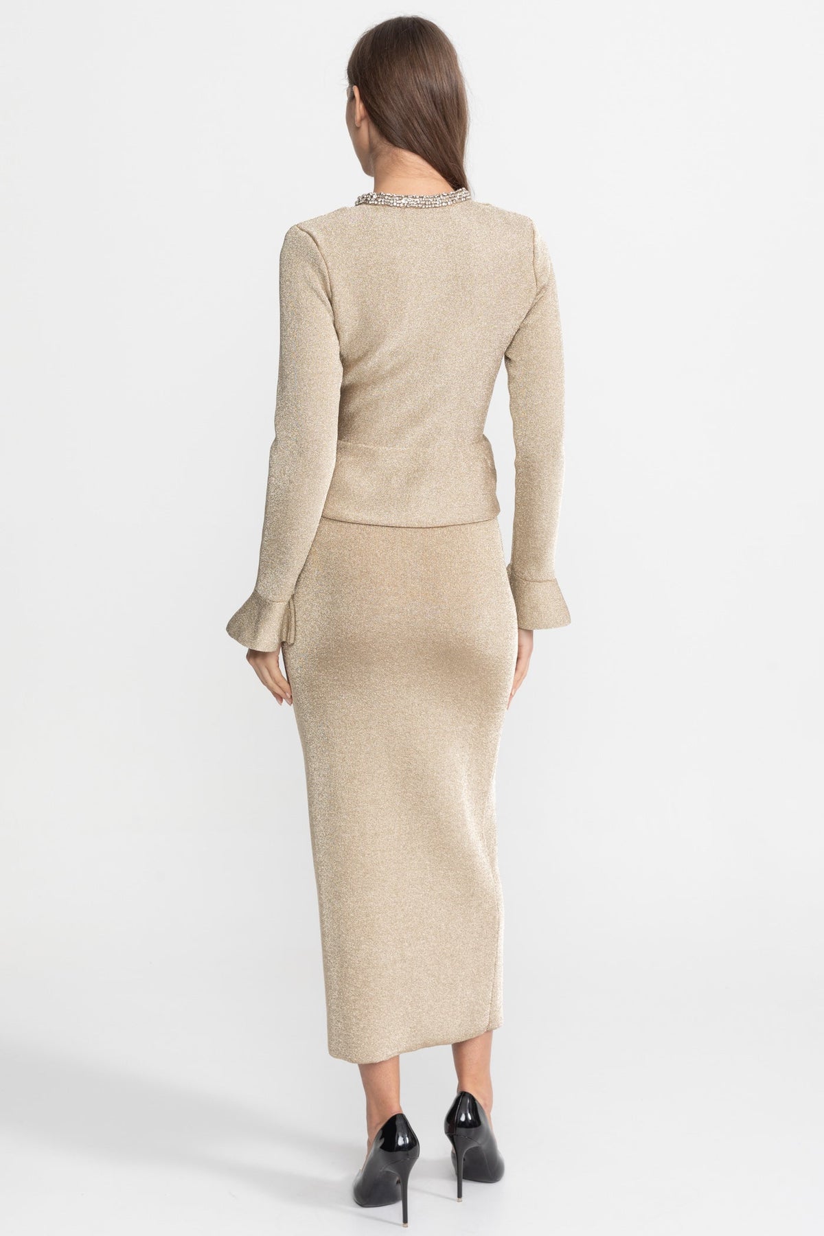 Shimmer Knit Midi Dress with Crystal Buttons and Flared Cuffs – Champagne – view 6