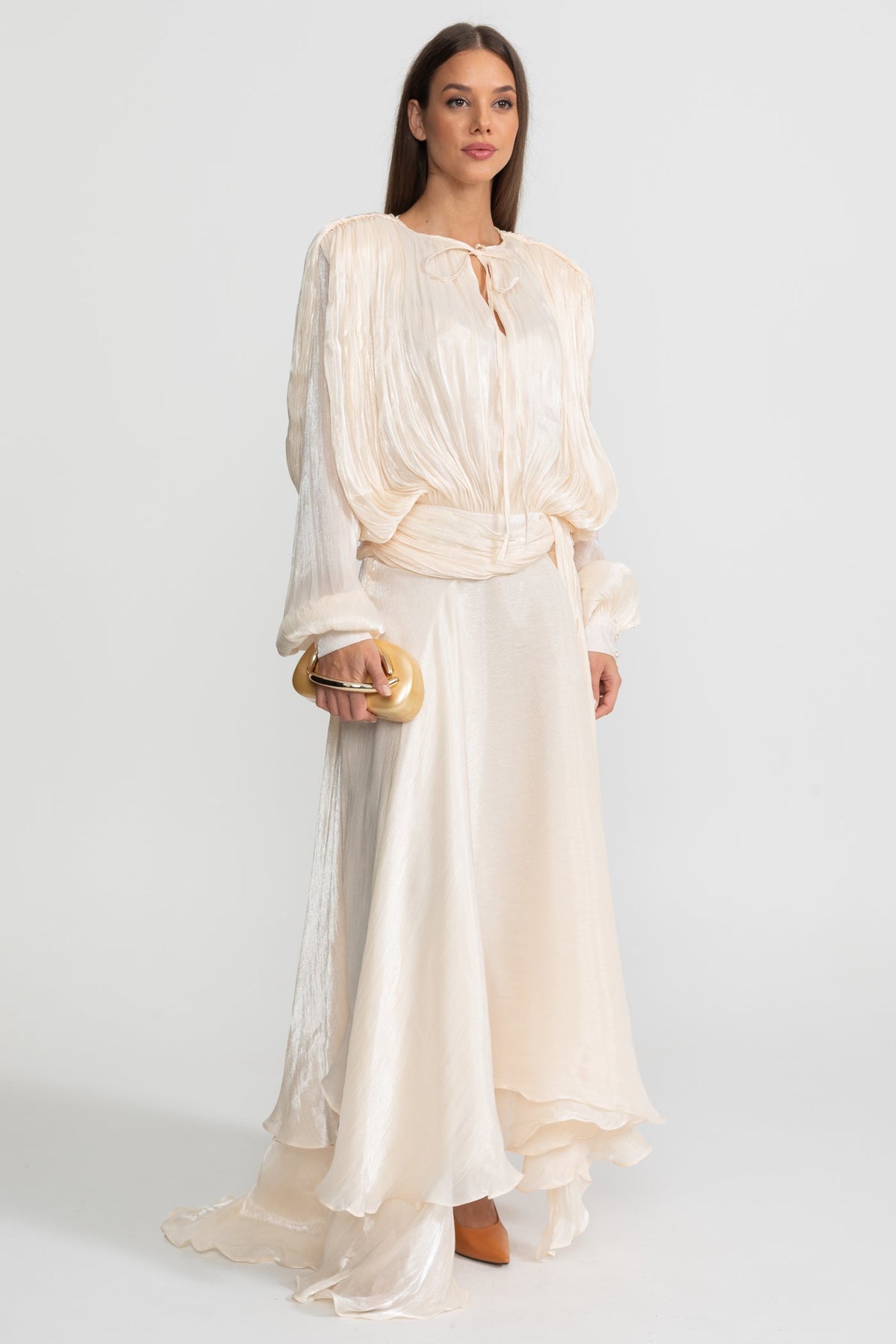 Pleated Bodice Tie Neck Maxi Dress with Draped Skirt – Ivory – view 3