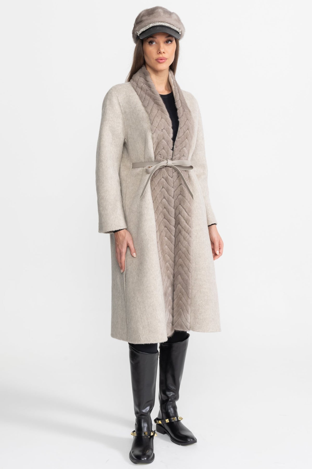 Wool and Alpaca Longline Coat with Textured Collar – Beige – view 3