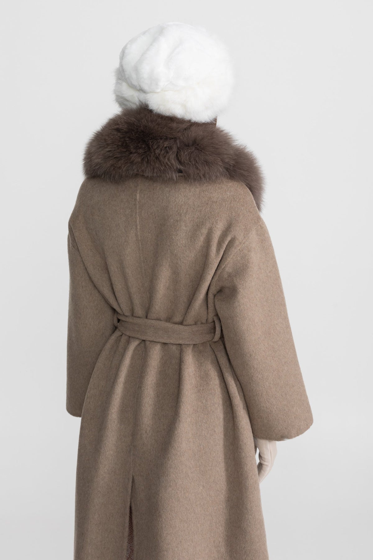 Double-Faced Wool Wrap Coat with Collar Trim and Tie Belt – Khaki – view 5