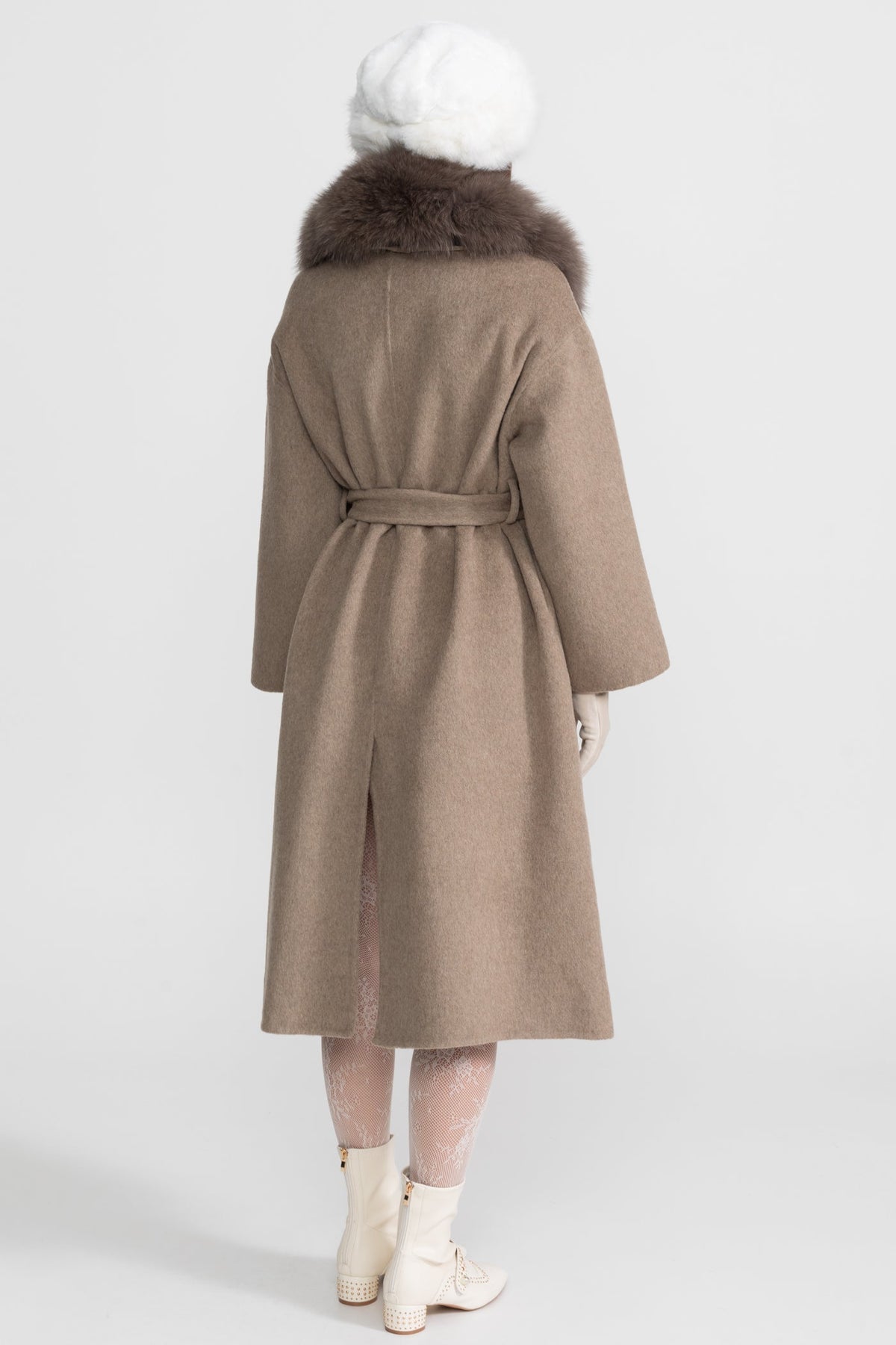 Double-Faced Wool Wrap Coat with Collar Trim and Tie Belt – Khaki – view 6