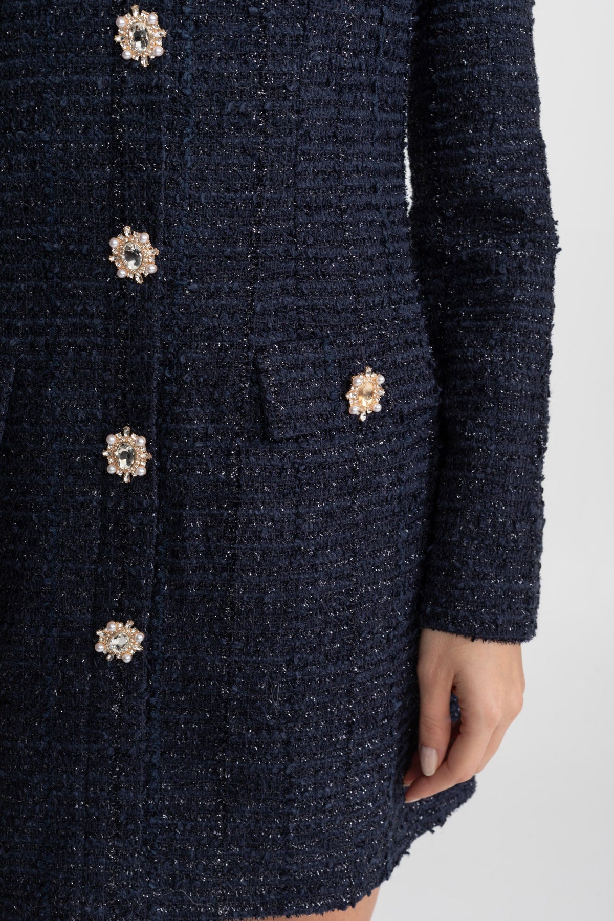 Long Sleeve Tweed Mini Dress with High Neck and Crystal Buttons – Navy – view 6