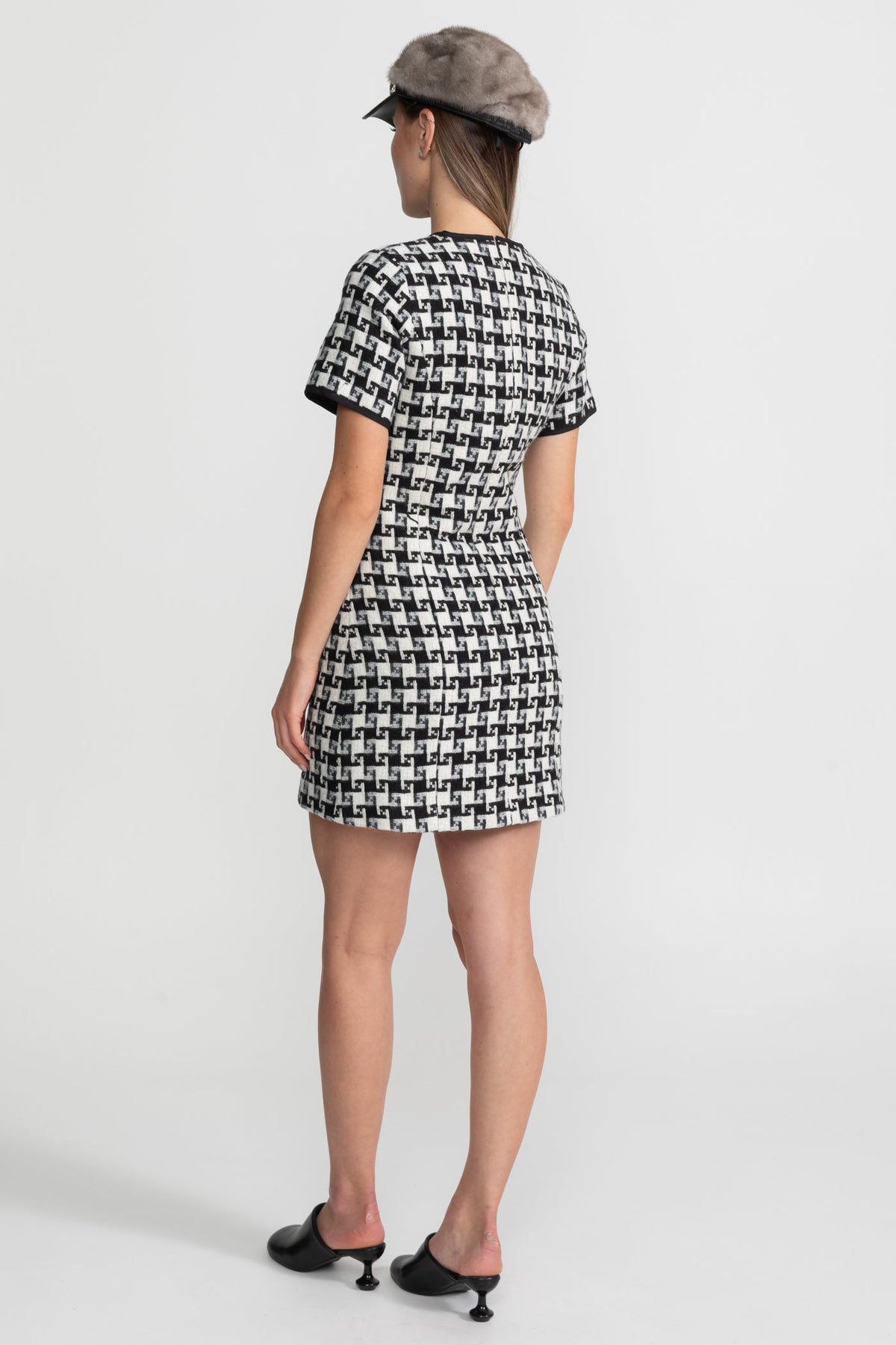 Check Tweed Mini Dress with Keyhole Neck and Velvet Bows – Black & White – view 5