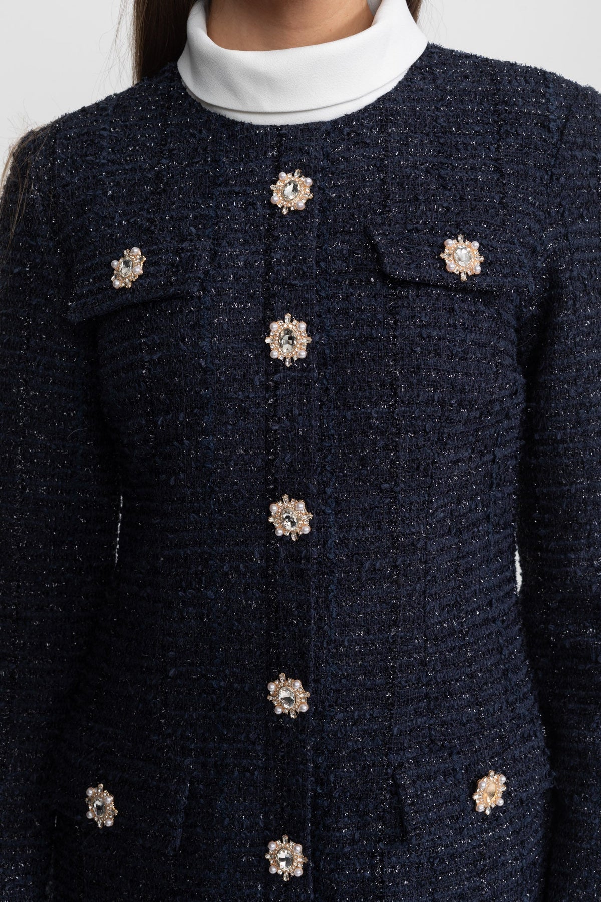 Long Sleeve Tweed Mini Dress with High Neck and Crystal Buttons – Navy – view 5