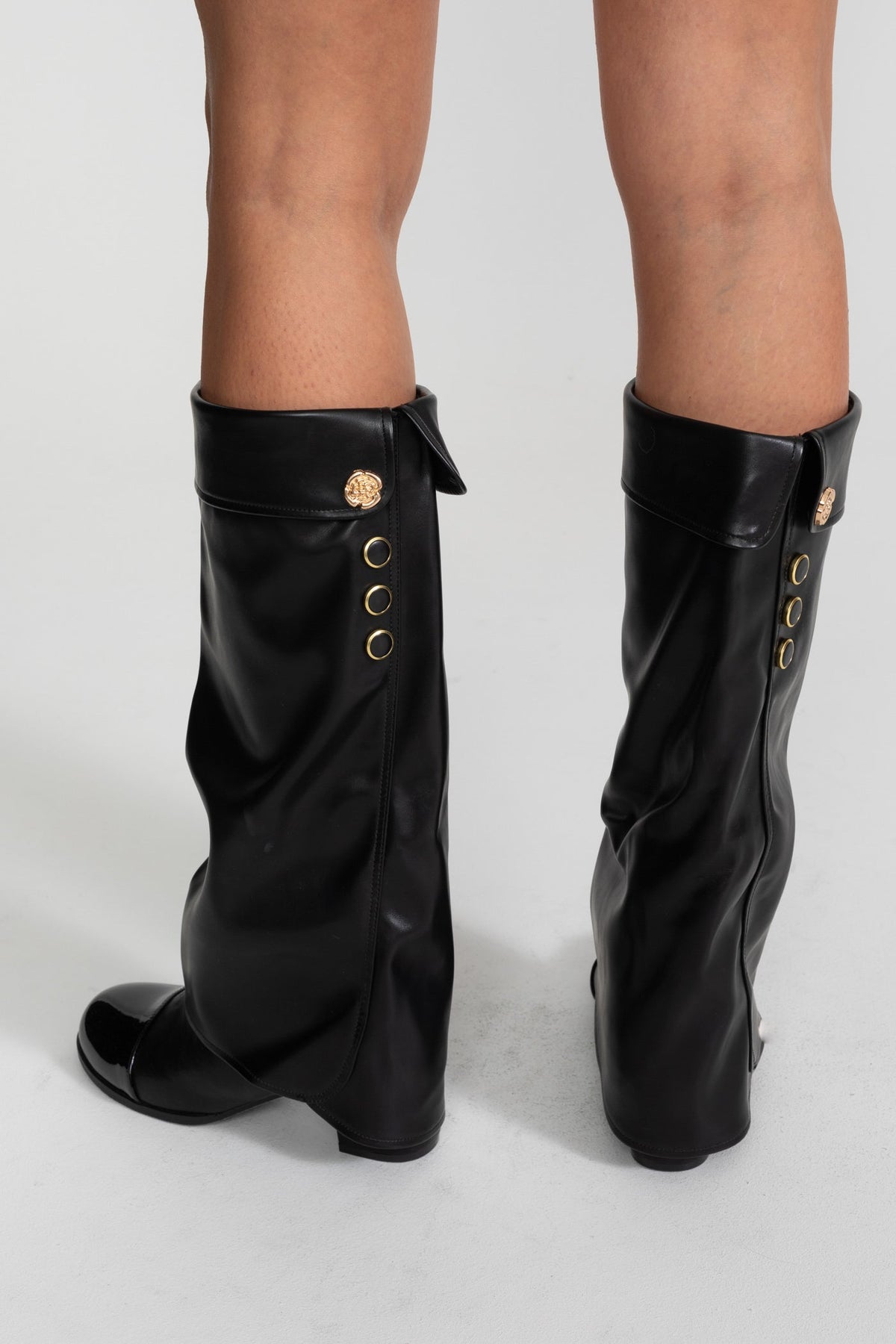 Folded Cuff Knee-High Boots with Patent Cap Toe – Black – view 2