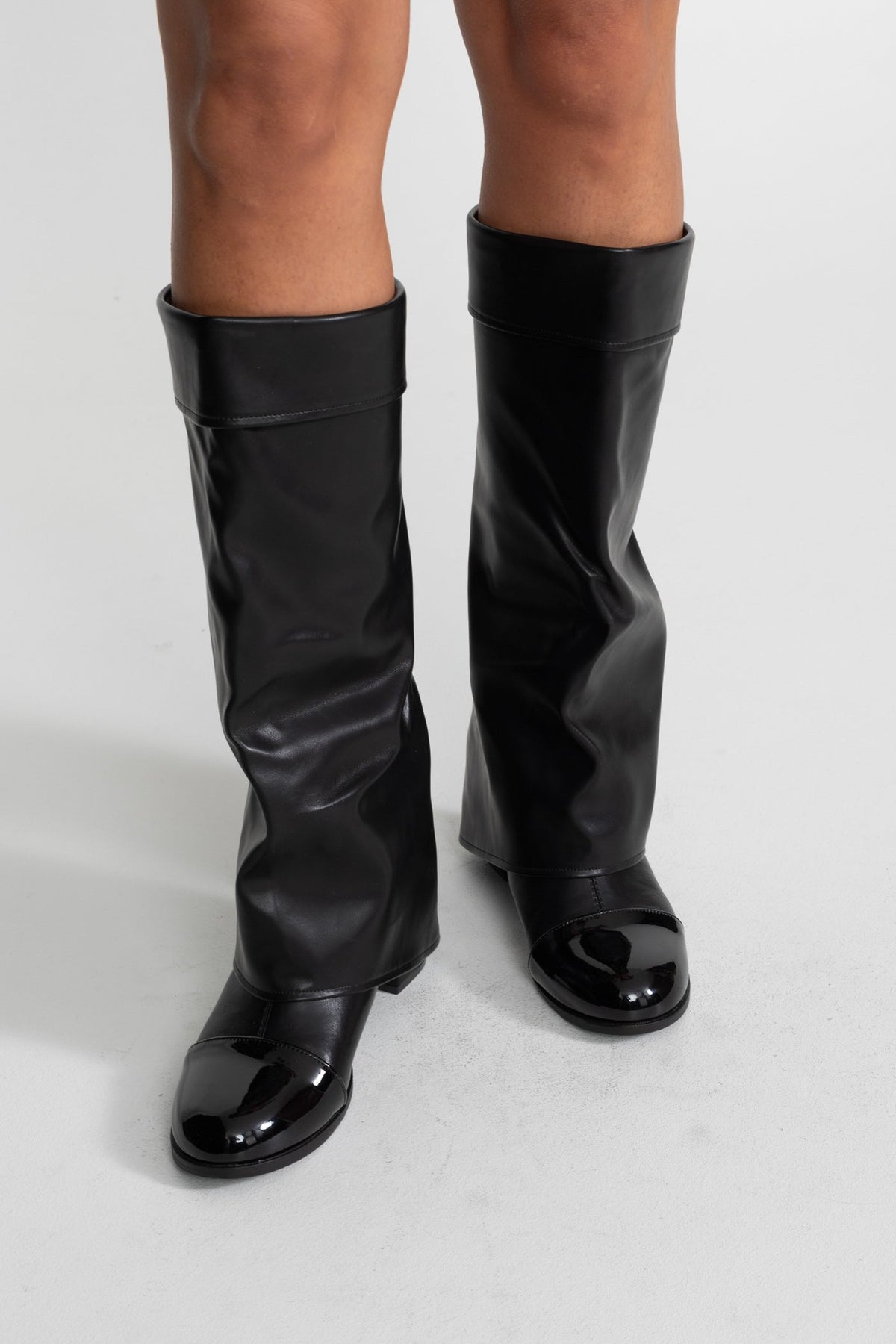 Folded Cuff Knee-High Boots with Patent Cap Toe – Black – view 3