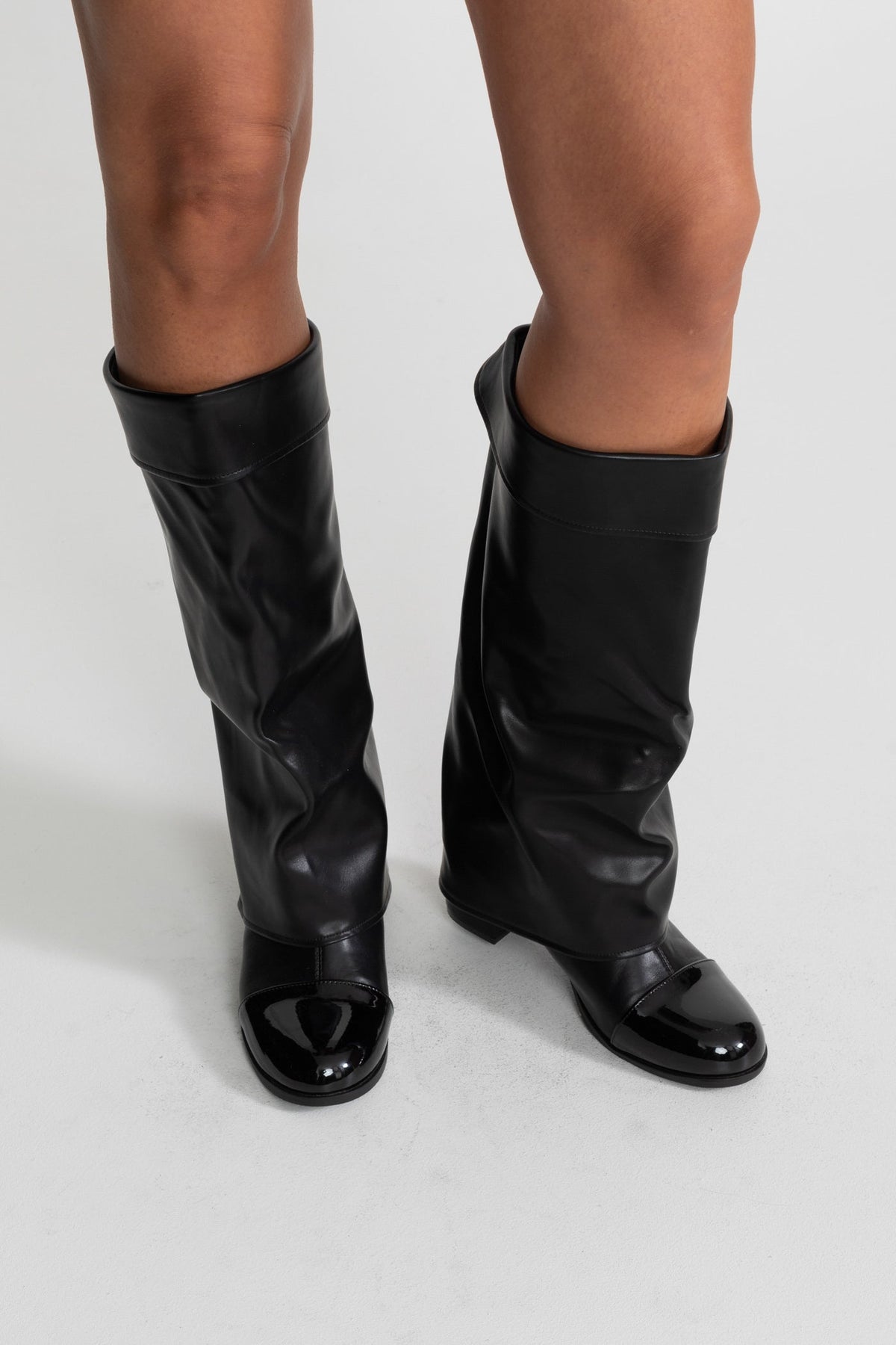 Folded Cuff Knee-High Boots with Patent Cap Toe – Black – view 4