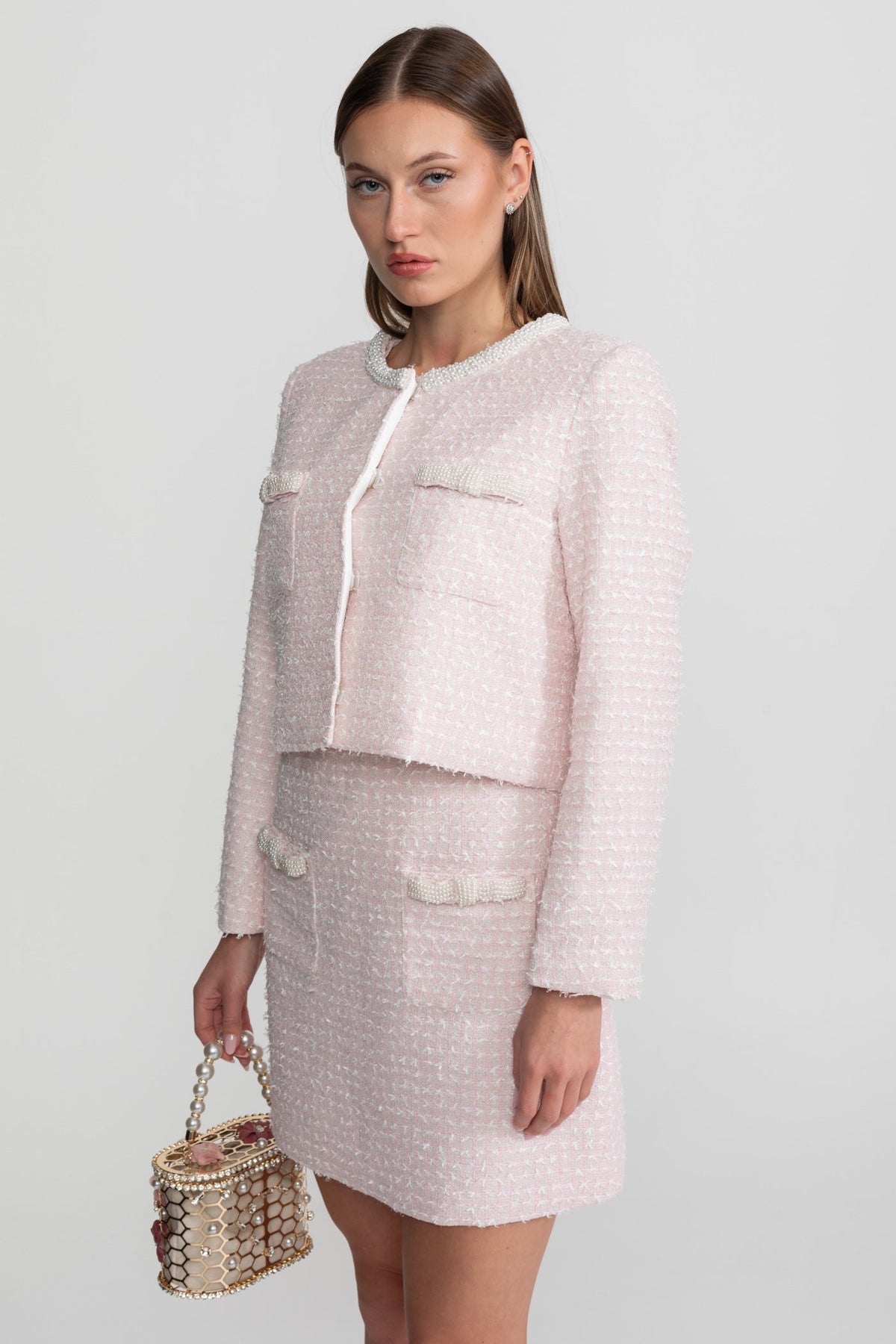 Cropped Tweed Jacket with Pearl Trim Round Neckline – Light Pink