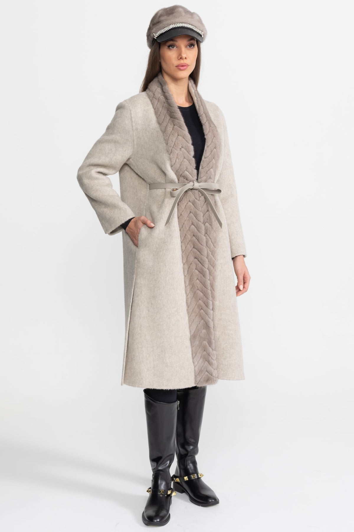 Wool and Alpaca Longline Coat with Textured Collar – Beige – view 6
