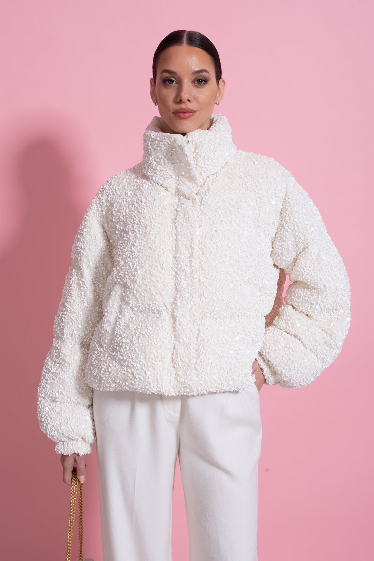 Cropped Sequin Puffer Jacket with High Stand Collar – White – view 13