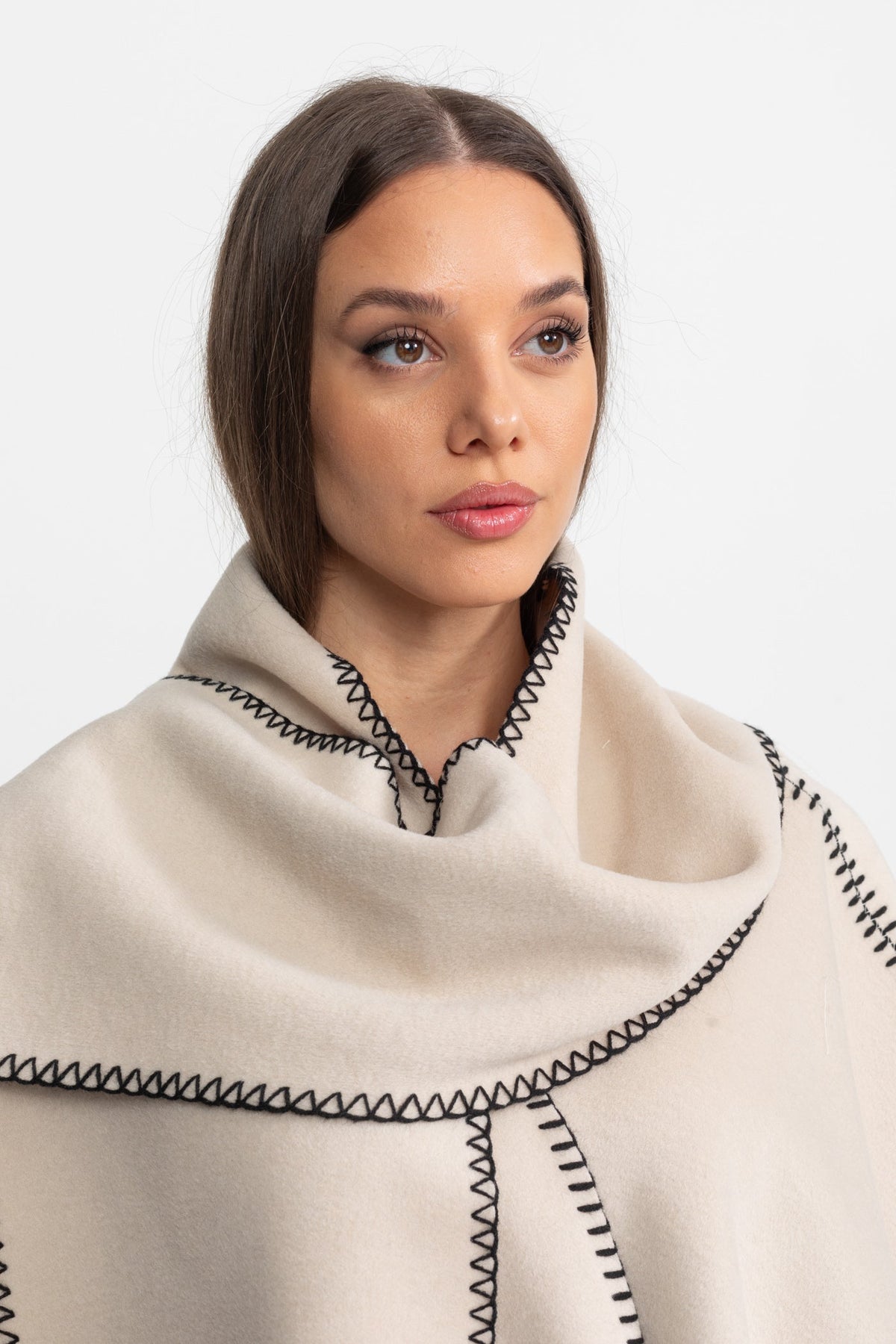 Wool Blend Poncho with Contrast Whipstitch Edging – Ivory – view 6