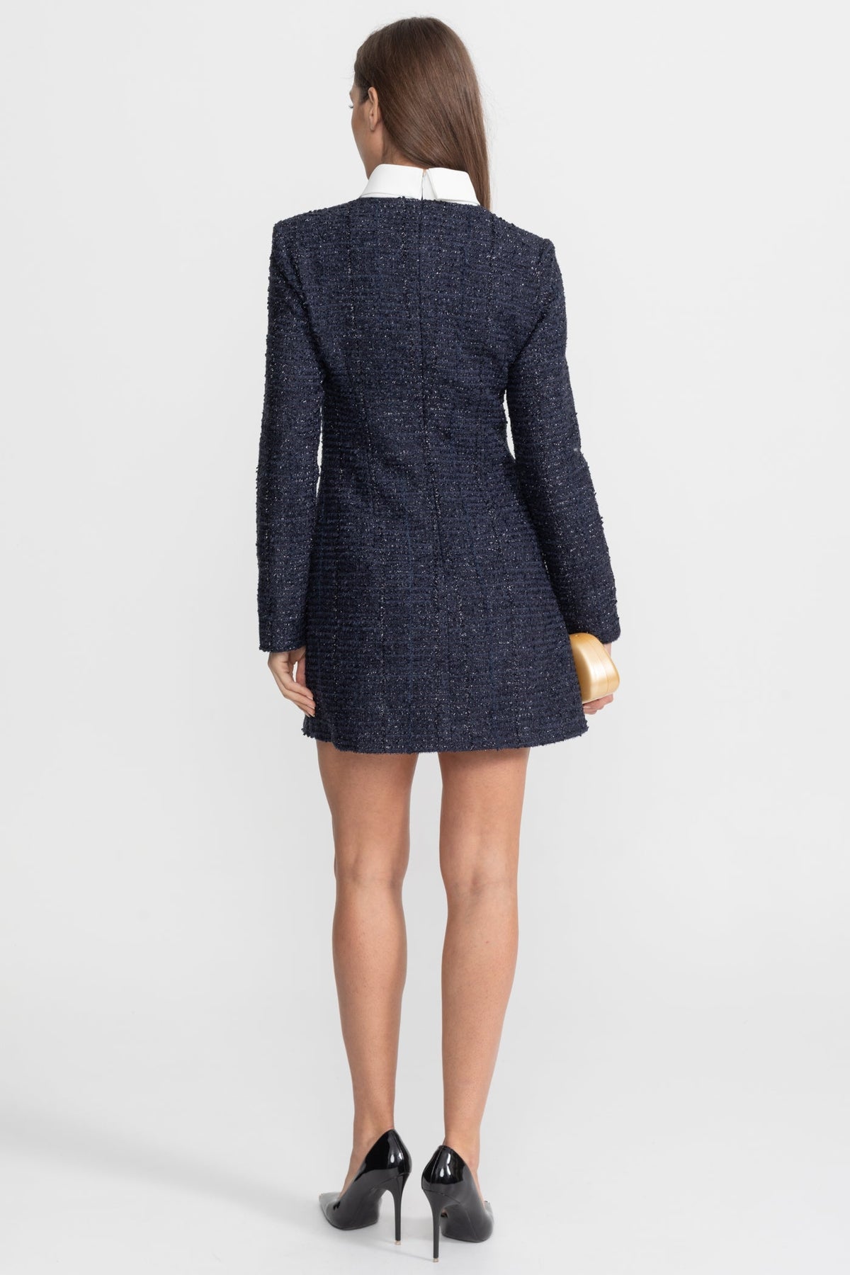 Long Sleeve Tweed Mini Dress with High Neck and Crystal Buttons – Navy – view 7
