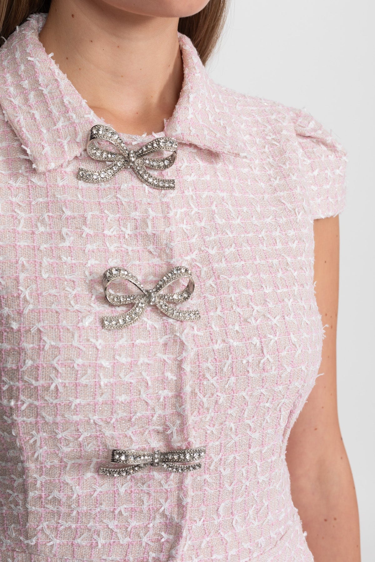 Tweed Top and Pleated Organza Midi Skirt Set with Crystal Bow Buttons – Pink – view 3