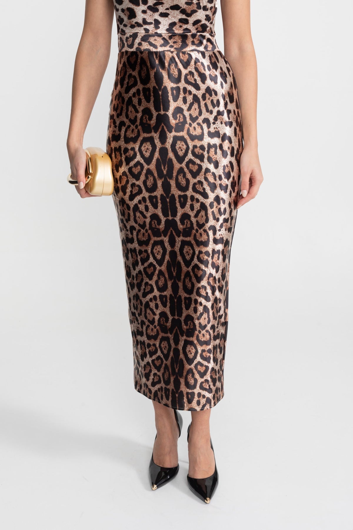 Leopard Print Satin Sweetheart Midi Dress with Wide Straps – Brown – view 4