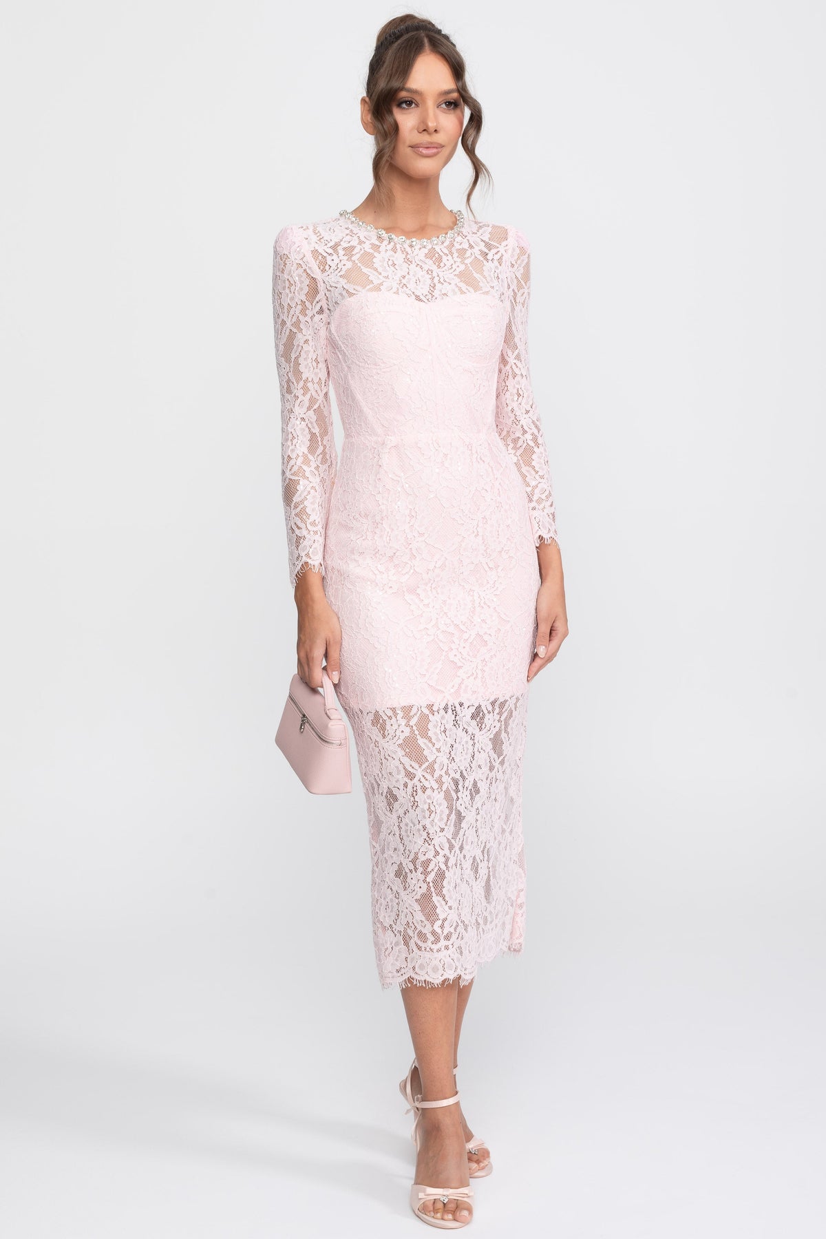 Lace Long Sleeve Midi Dress with Crystal Neckline and Matching Belt – Pink – view 5