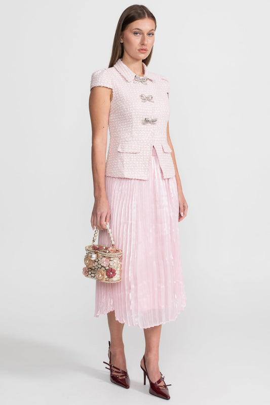 Tweed Top and Pleated Organza Midi Skirt Set with Crystal Bow Buttons – Pink – view 2