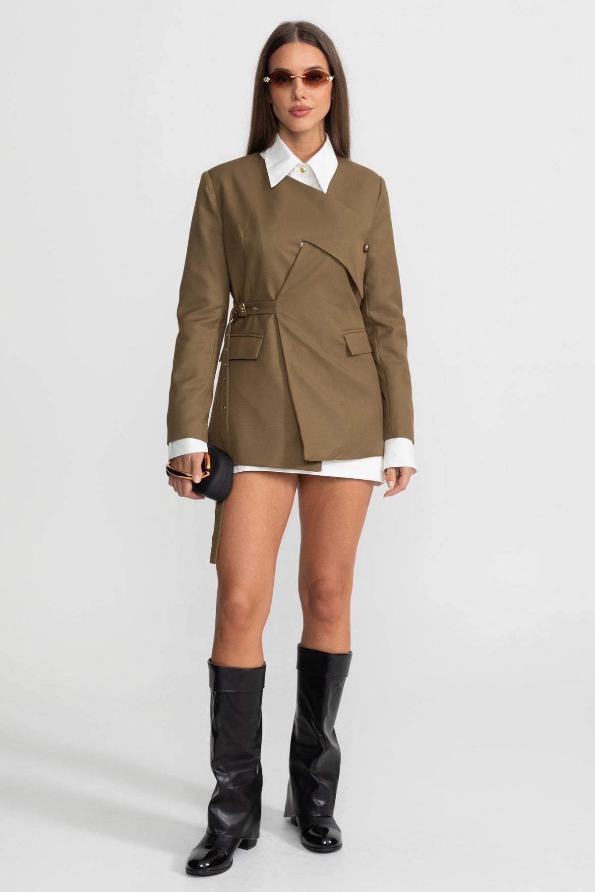 Asymmetric Structured Blazer with Side Buckle Detail – Olive