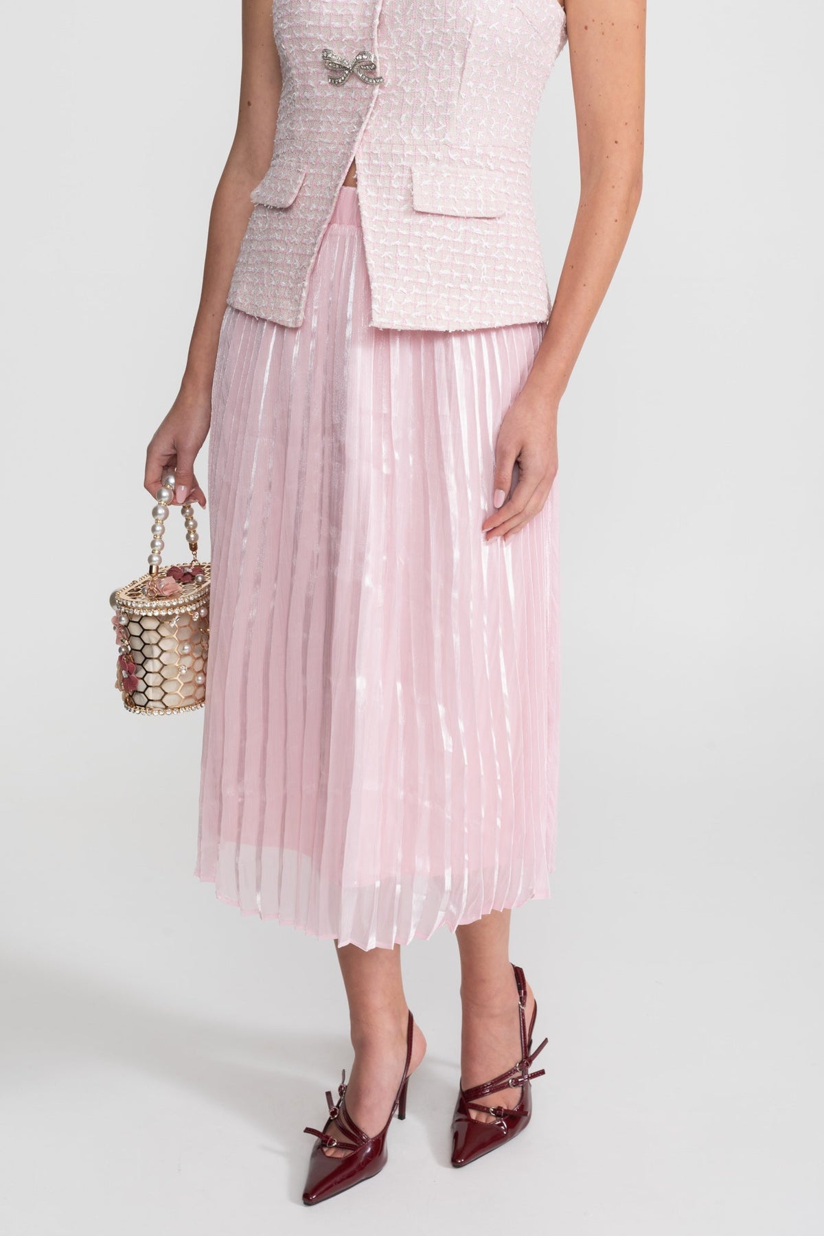 Tweed Top and Pleated Organza Midi Skirt Set with Crystal Bow Buttons – Pink – view 5