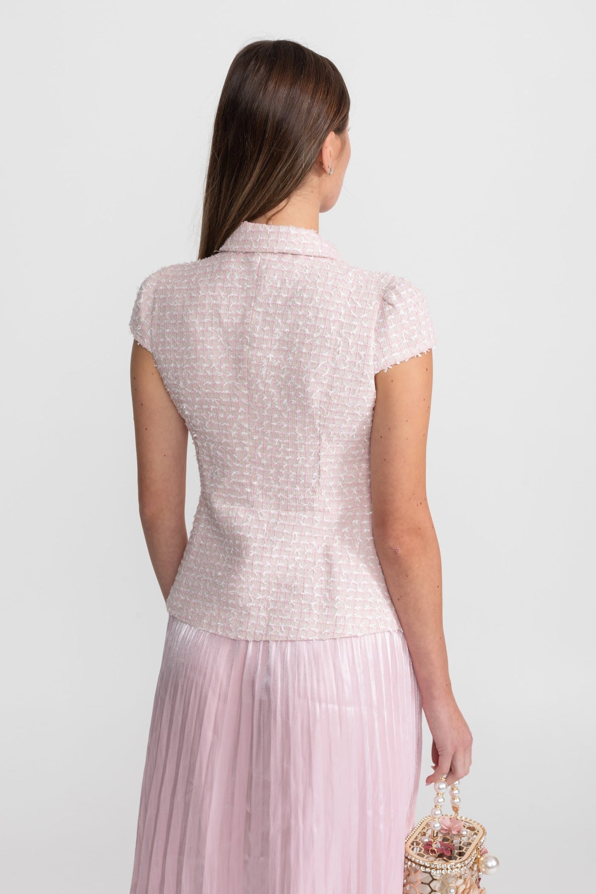 Tweed Top and Pleated Organza Midi Skirt Set with Crystal Bow Buttons – Pink – view 6