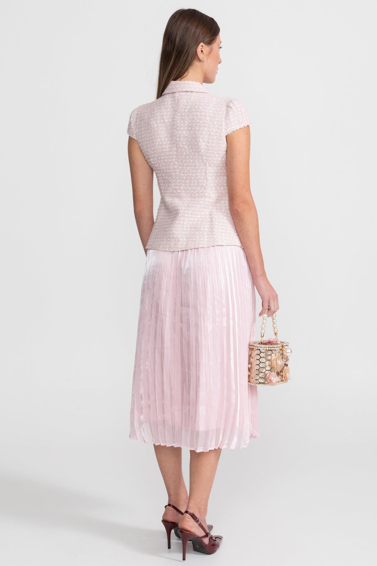 Tweed Top and Pleated Organza Midi Skirt Set with Crystal Bow Buttons – Pink – view 7