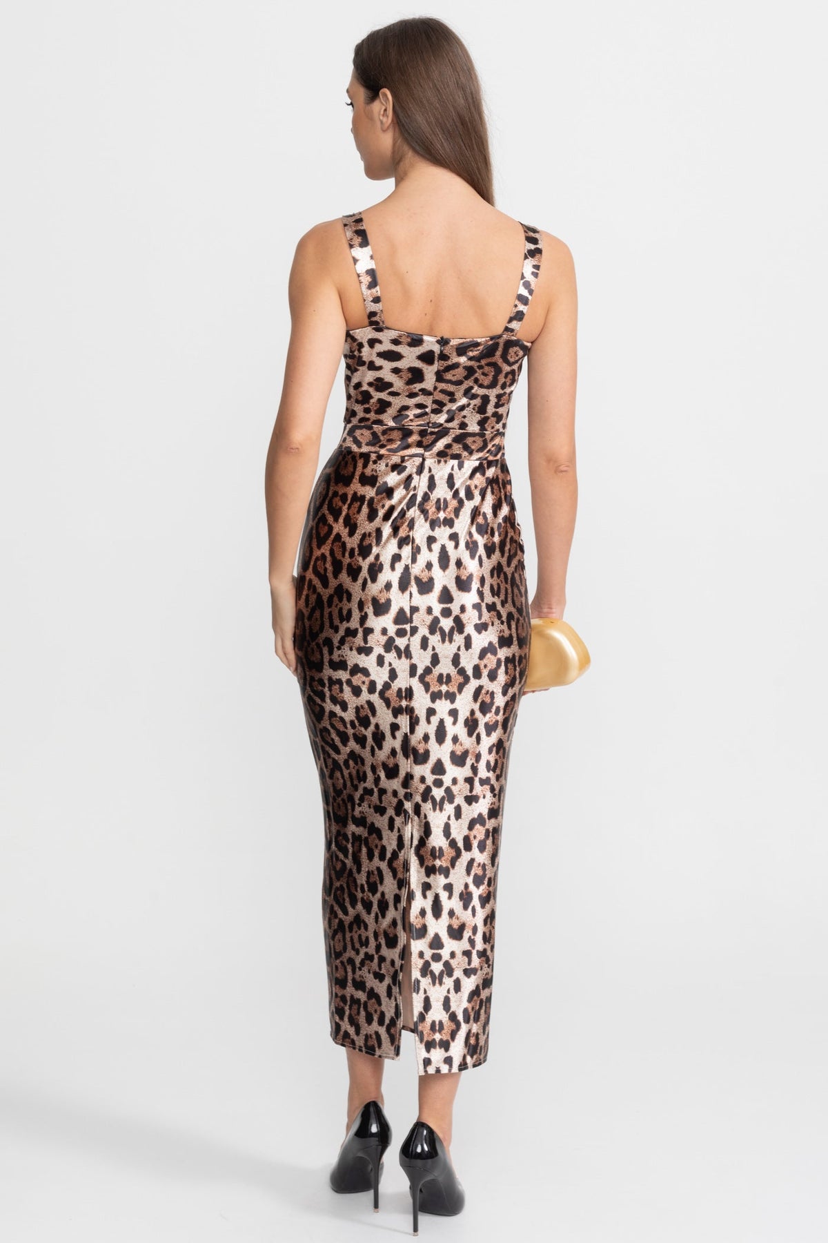 Leopard Print Satin Sweetheart Midi Dress with Wide Straps – Brown – view 5