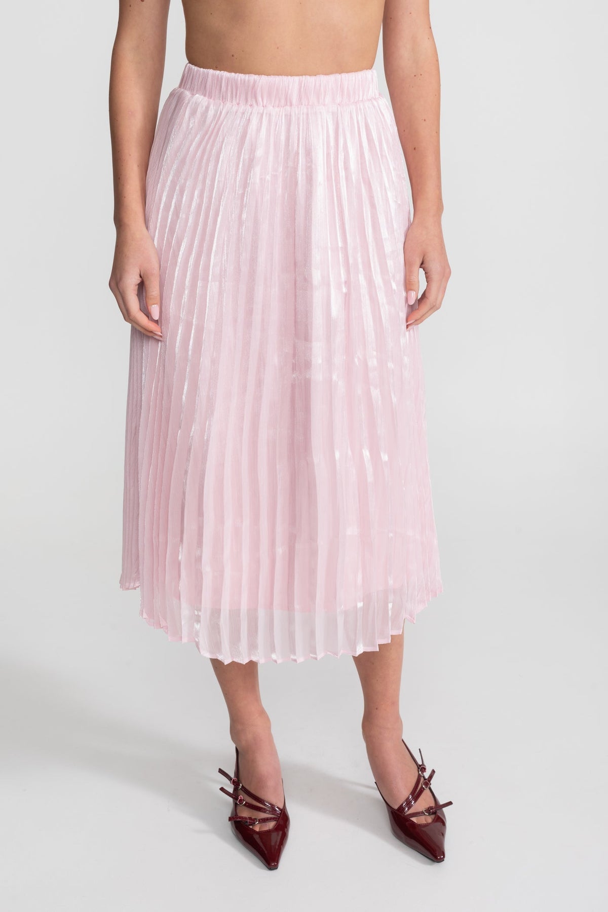 Tweed Top and Pleated Organza Midi Skirt Set with Crystal Bow Buttons – Pink – view 8