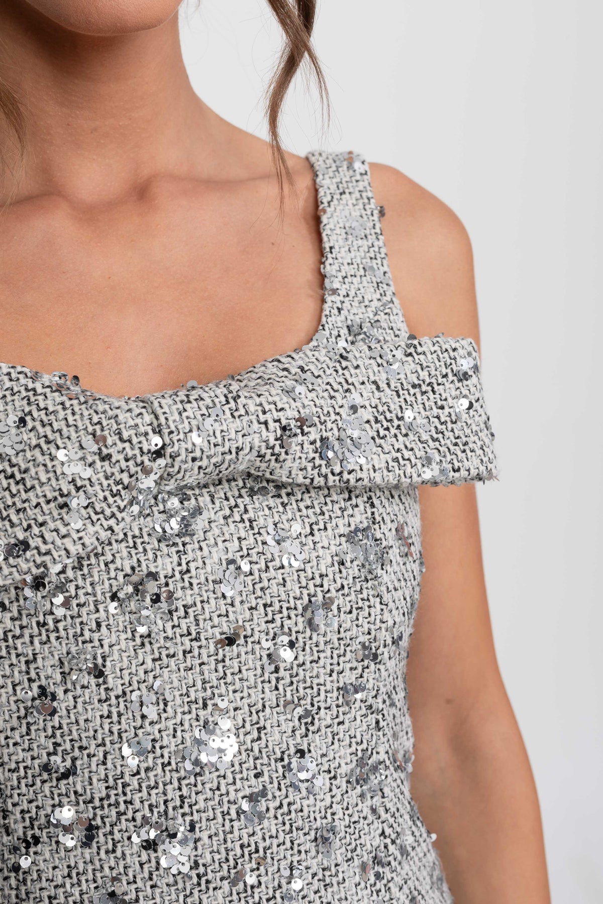 Sequin Tweed Square Neck Mini Dress with Bow Detail – Silver – view 4