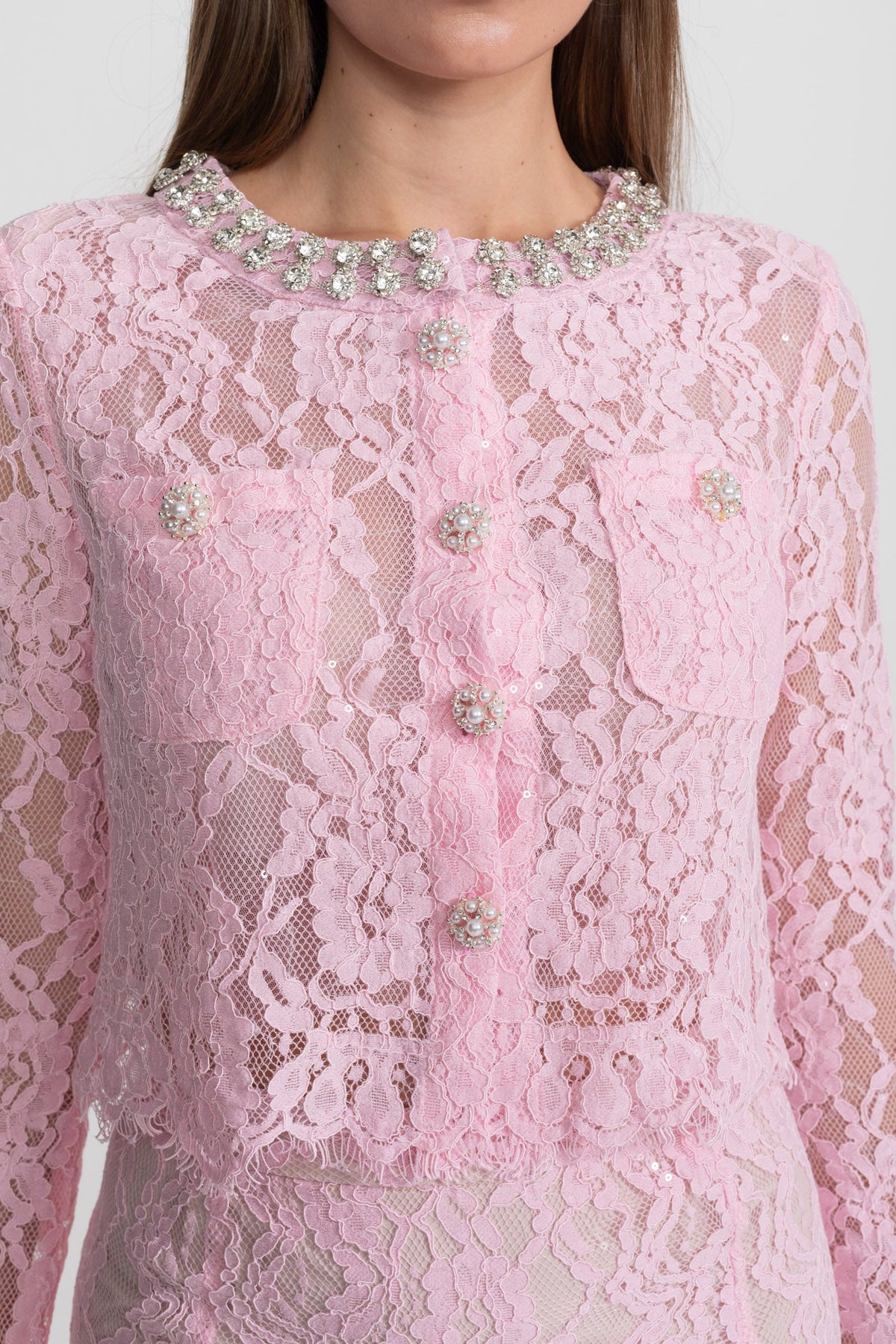 Long Sleeve Lace Top and Midi Skirt Set with Crystal Collar – Pink – view 3