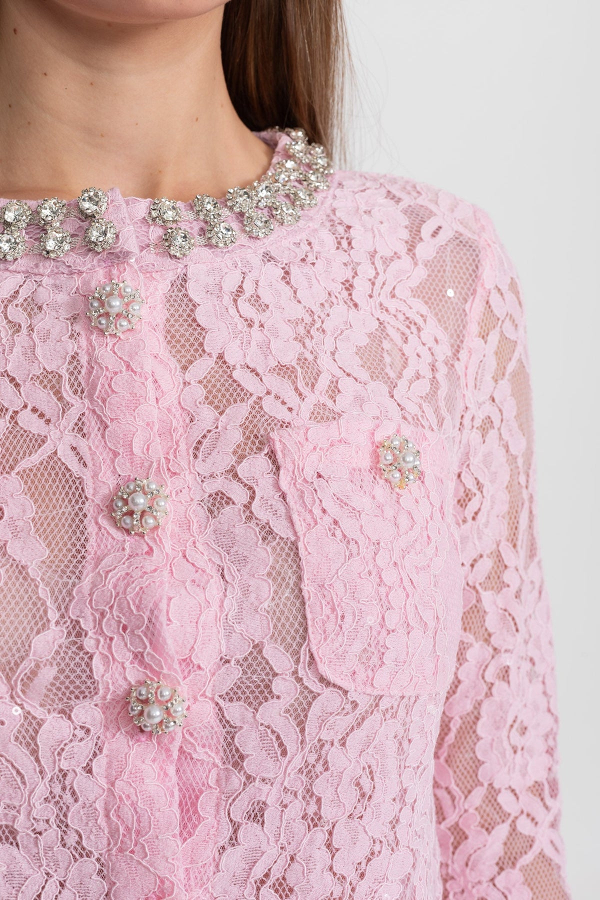 Long Sleeve Lace Top and Midi Skirt Set with Crystal Collar – Pink – view 4