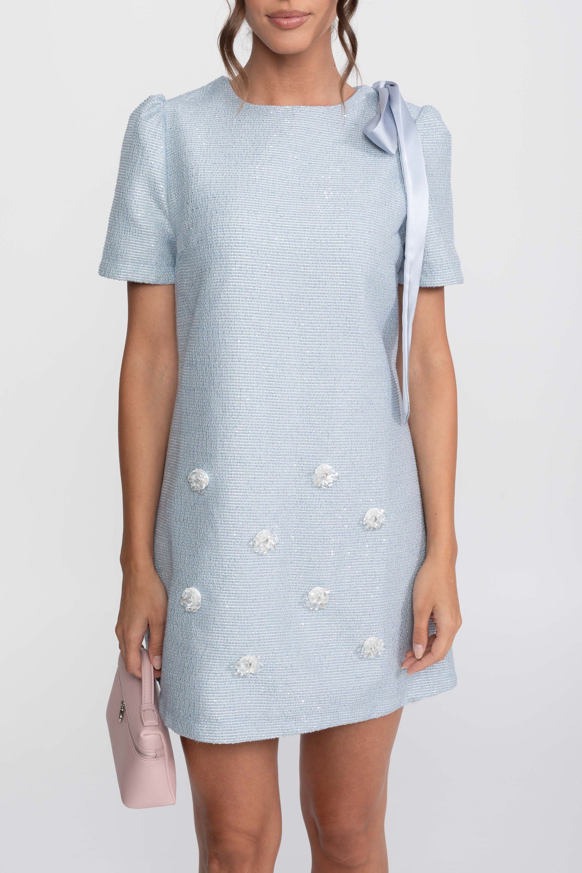 Bow Shoulder Sequin Tweed Mini Dress with Crystal Flowers – Light Blue