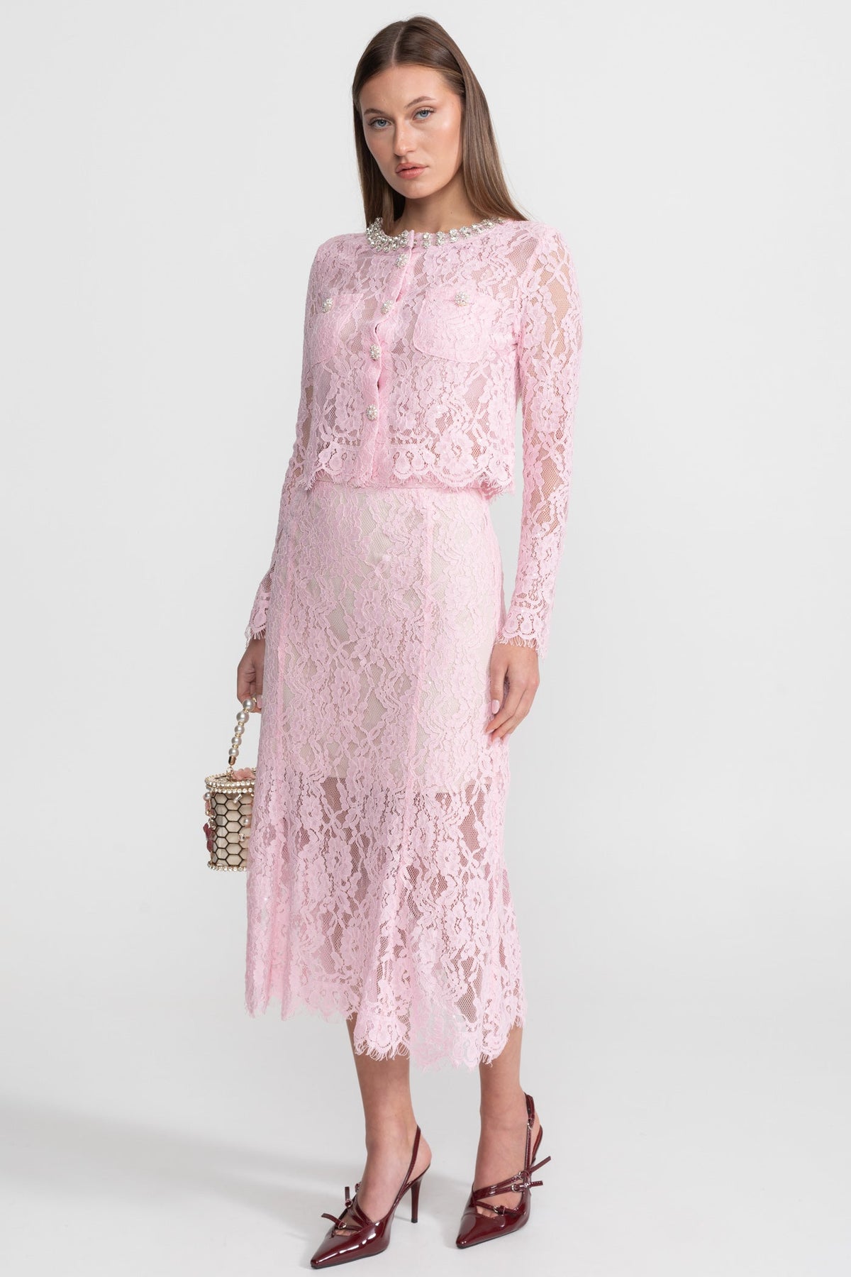 Long Sleeve Lace Top and Midi Skirt Set with Crystal Collar – Pink – view 2