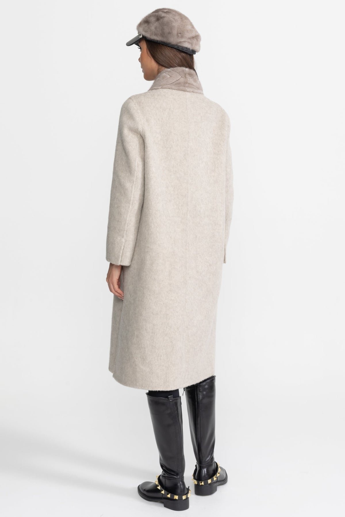 Wool and Alpaca Longline Coat with Textured Collar – Beige – view 7