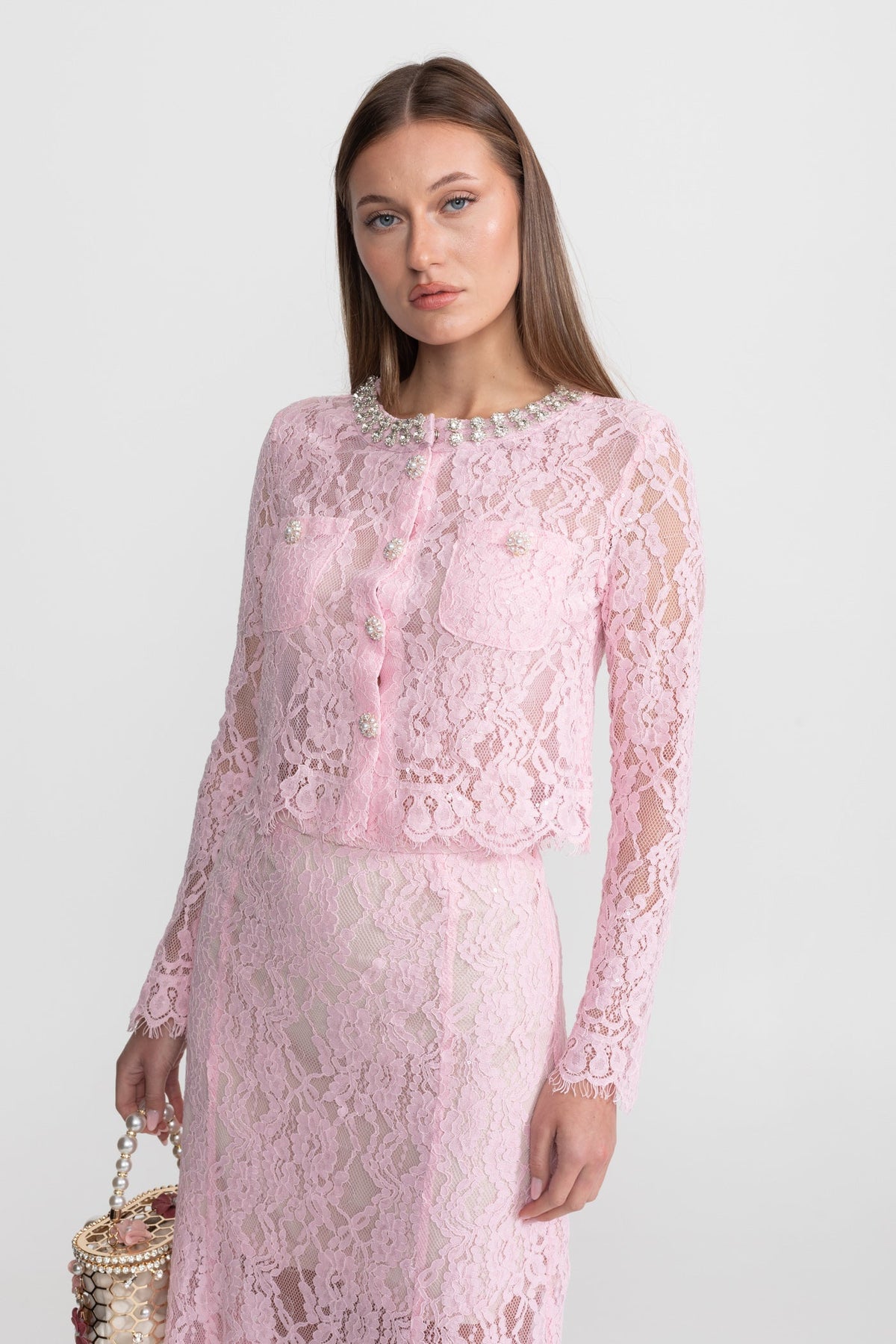 Long Sleeve Lace Top and Midi Skirt Set with Crystal Collar – Pink – view 5