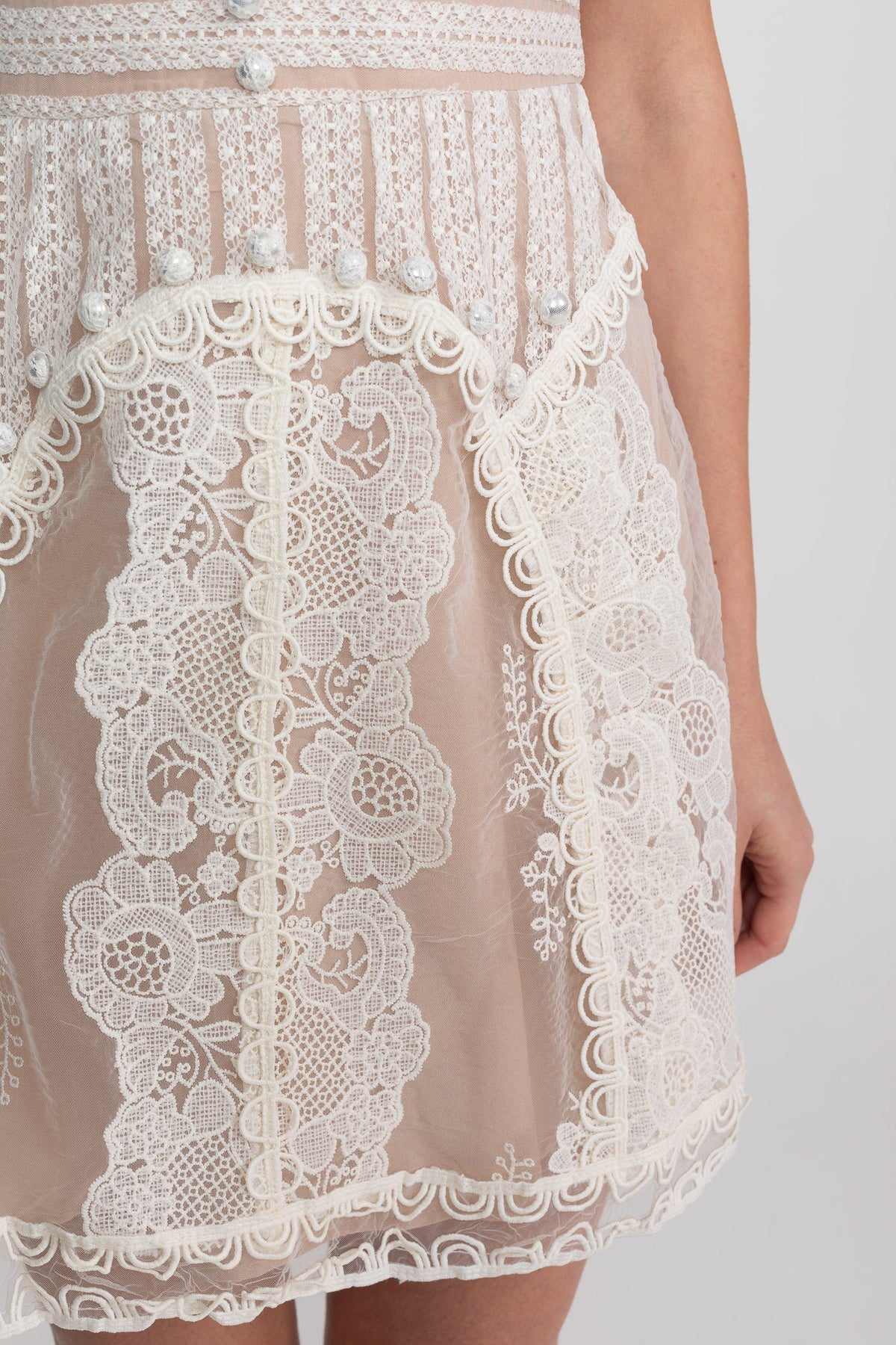 Lace Cap Sleeve Mini Dress with Sheer Yoke and Pearl Buttons – Ivory – view 6