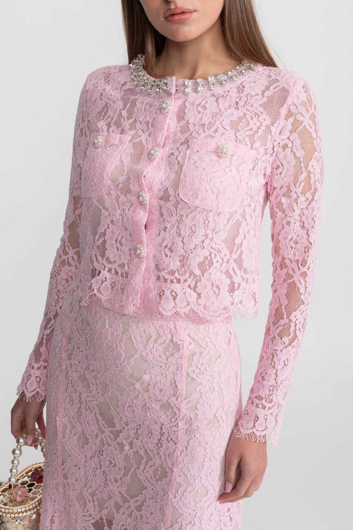 Long Sleeve Lace Top and Midi Skirt Set with Crystal Collar – Pink – view 6