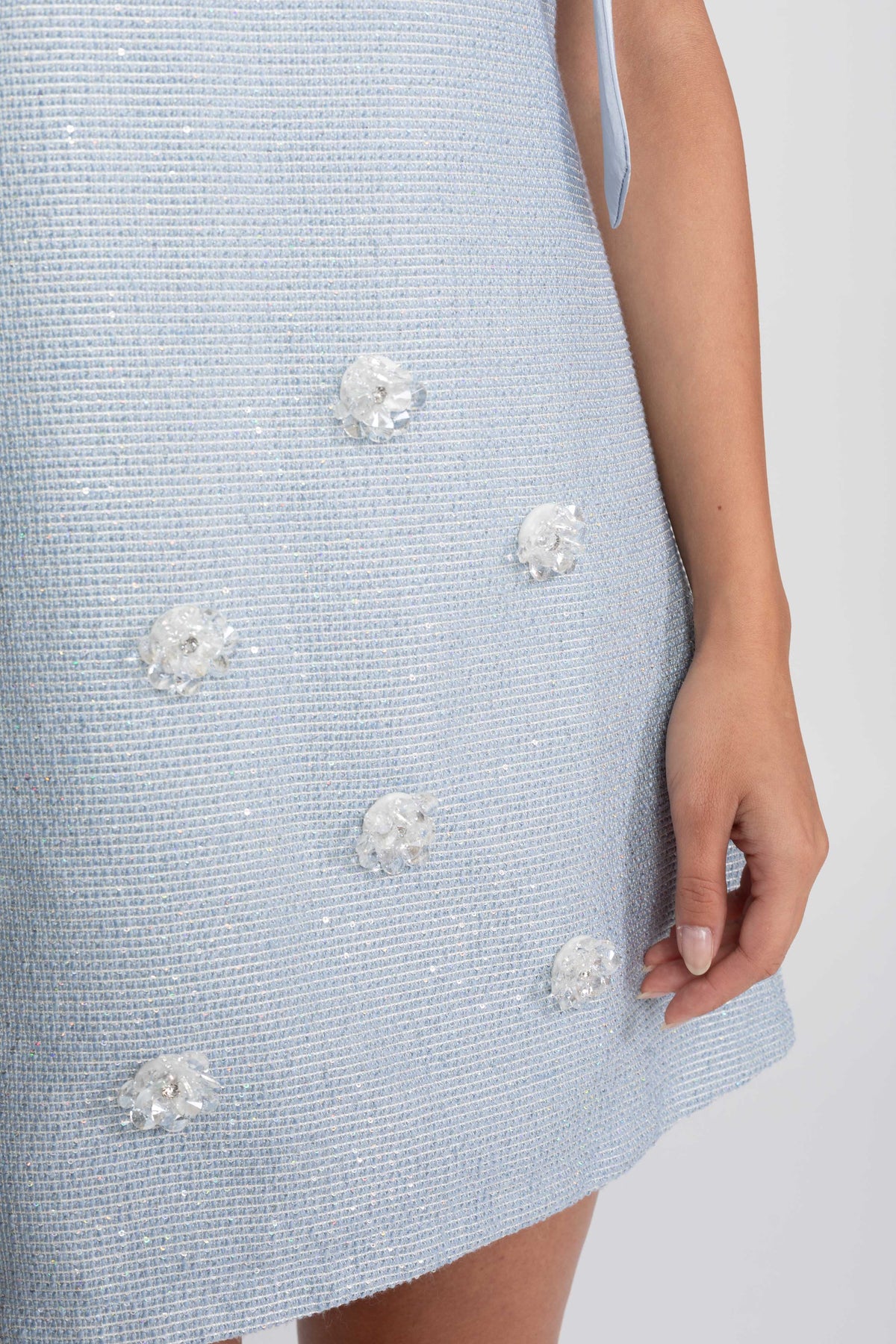 Bow Shoulder Sequin Tweed Mini Dress with Crystal Flowers – Light Blue