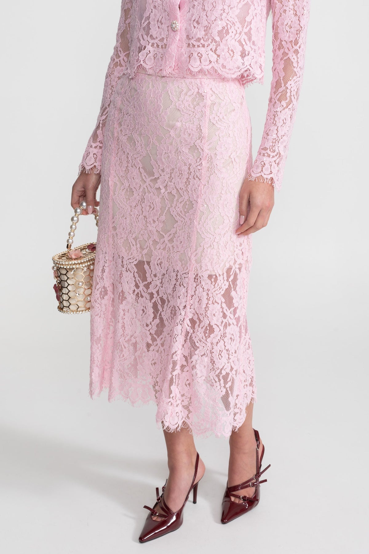 Long Sleeve Lace Top and Midi Skirt Set with Crystal Collar – Pink – view 7