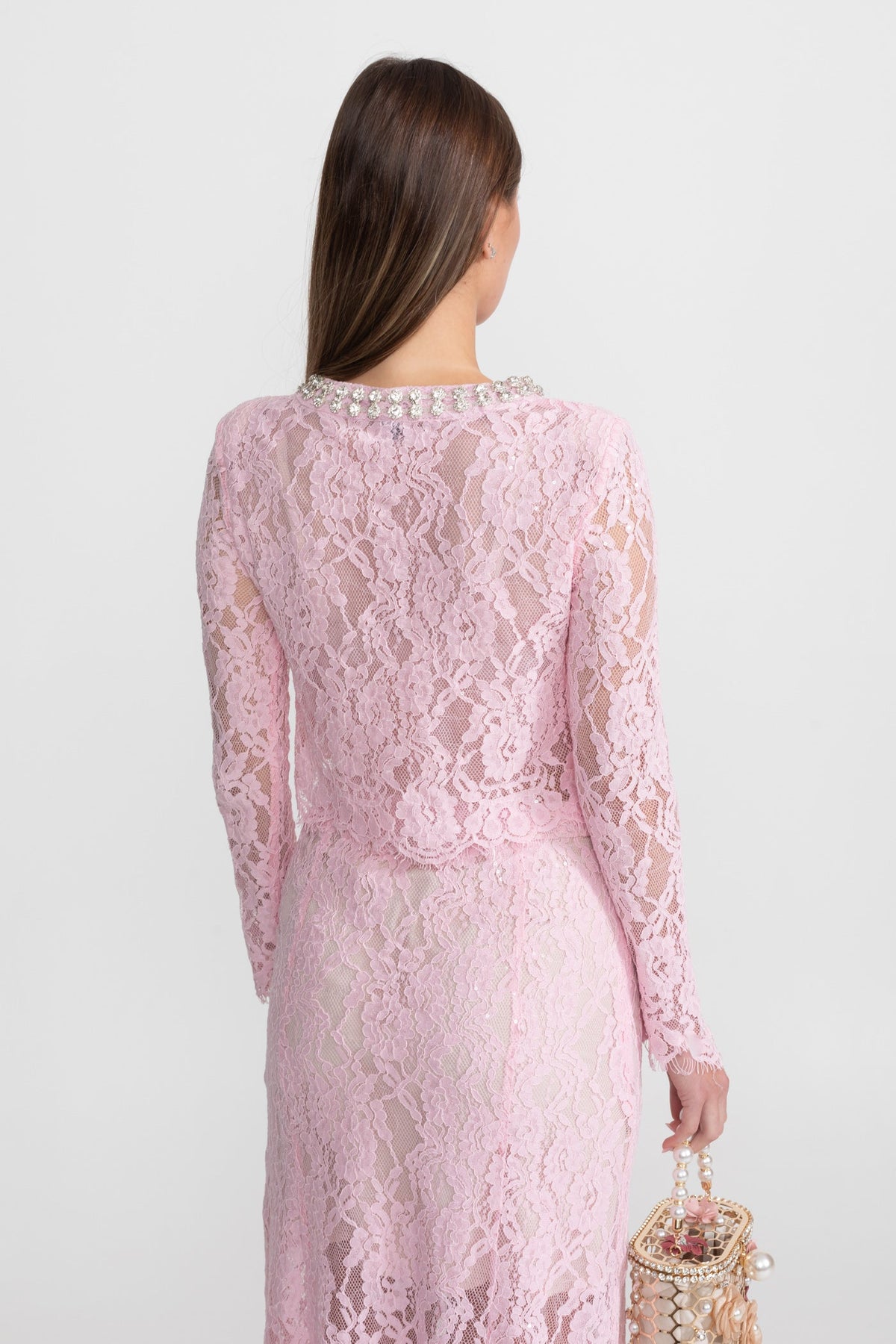 Long Sleeve Lace Top and Midi Skirt Set with Crystal Collar – Pink – view 8