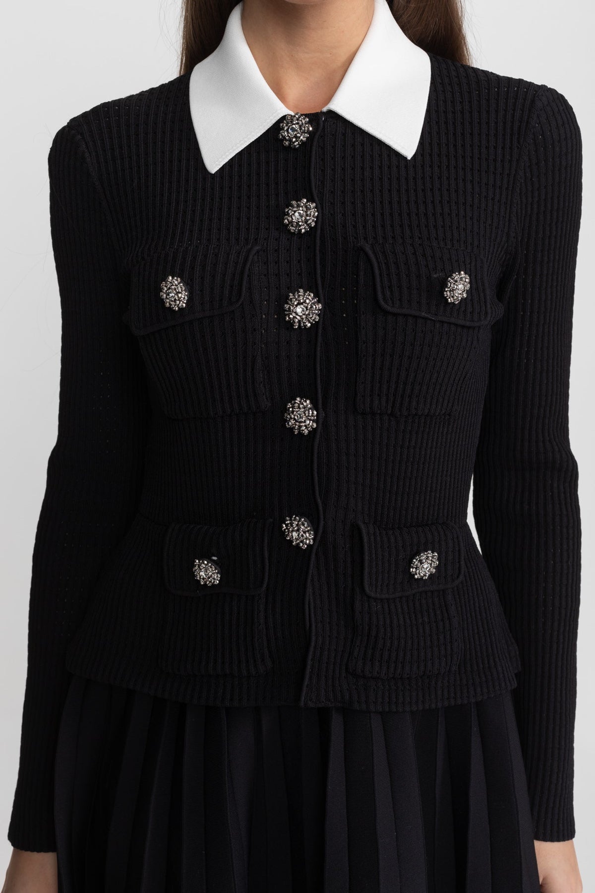 Ribbed Knit Mini Dress with Contrast Collar and Crystal Buttons – Black – view 5