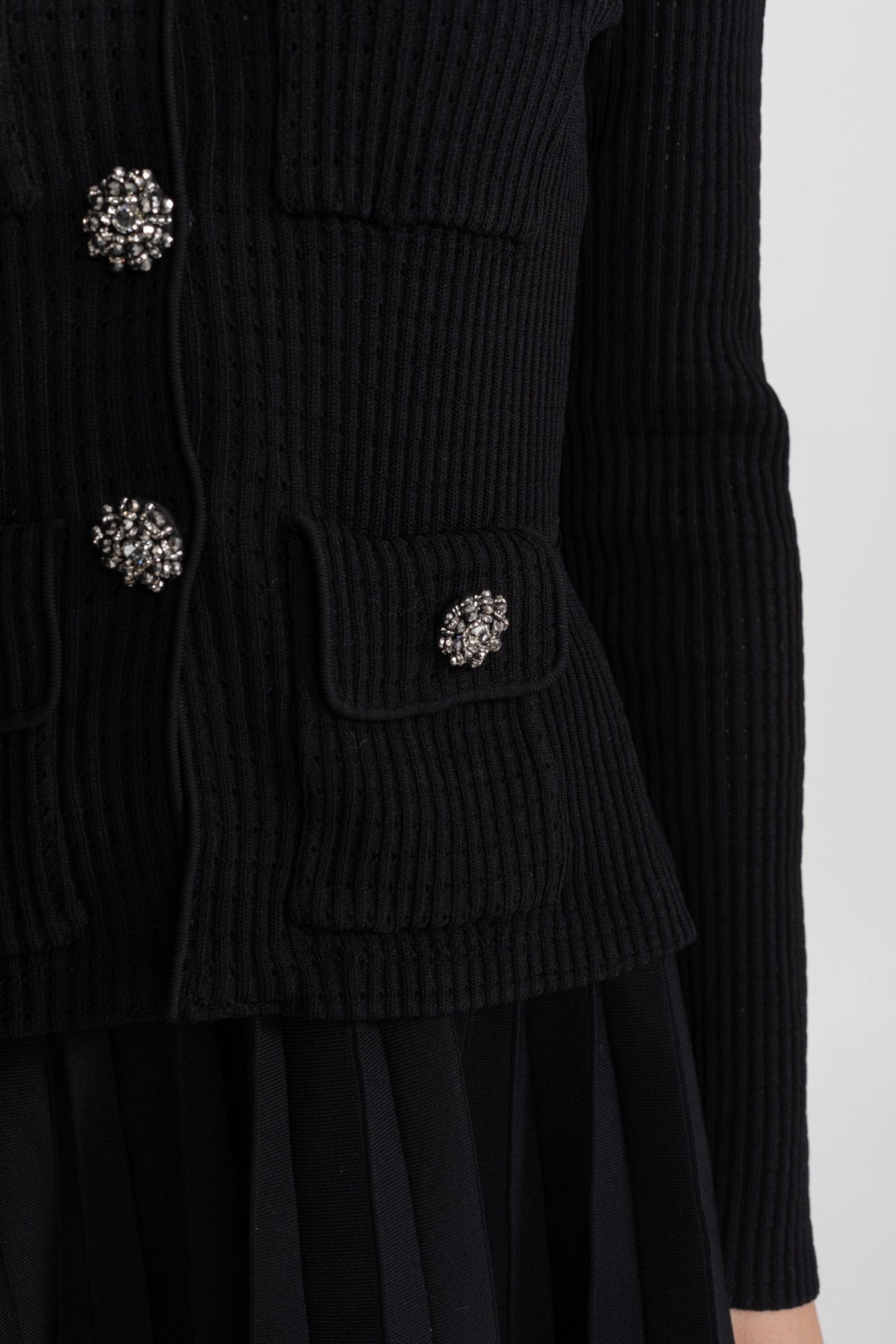 Ribbed Knit Mini Dress with Contrast Collar and Crystal Buttons – Black – view 7