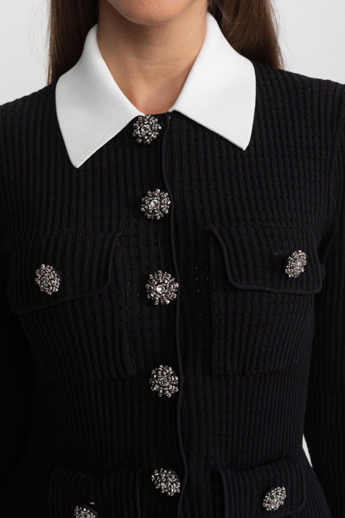 Ribbed Knit Mini Dress with Contrast Collar and Crystal Buttons – Black – view 6