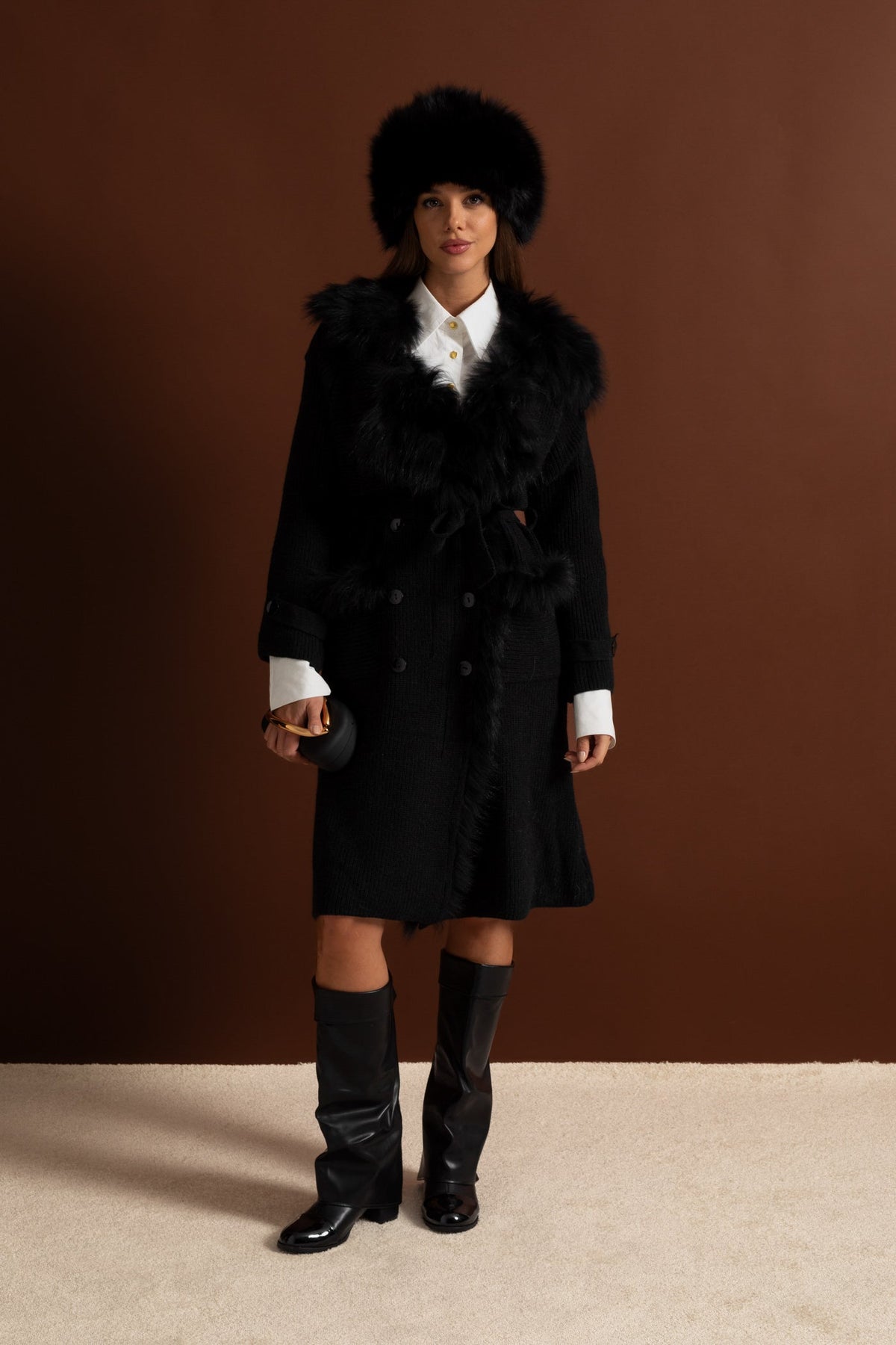 Double-Breasted Wool Knit Belted Overcoat with Collar Trim – Black – view 7