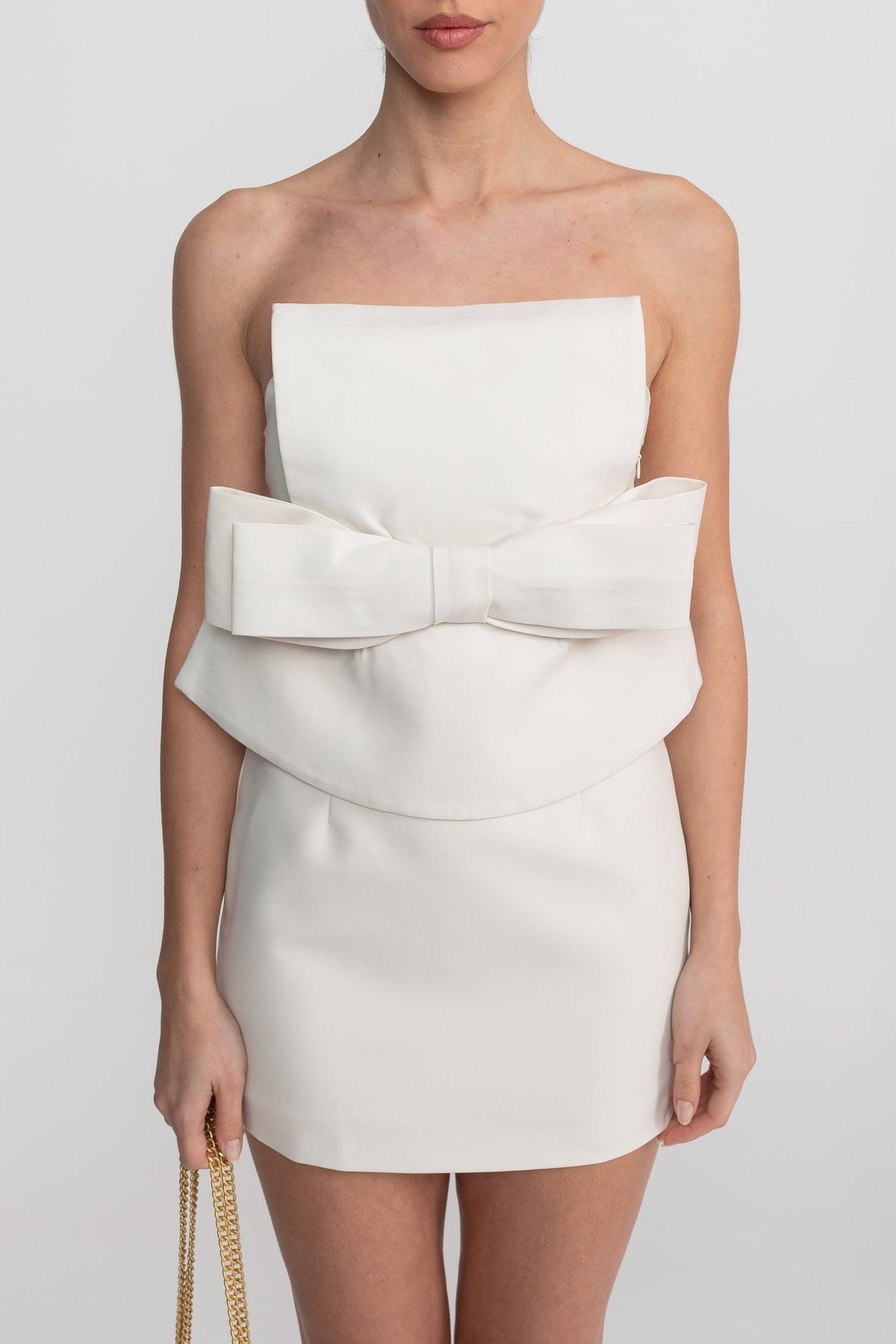 Strapless Bandeau Mini Dress with Oversized Bow and Peplum Overlay – White – view 5