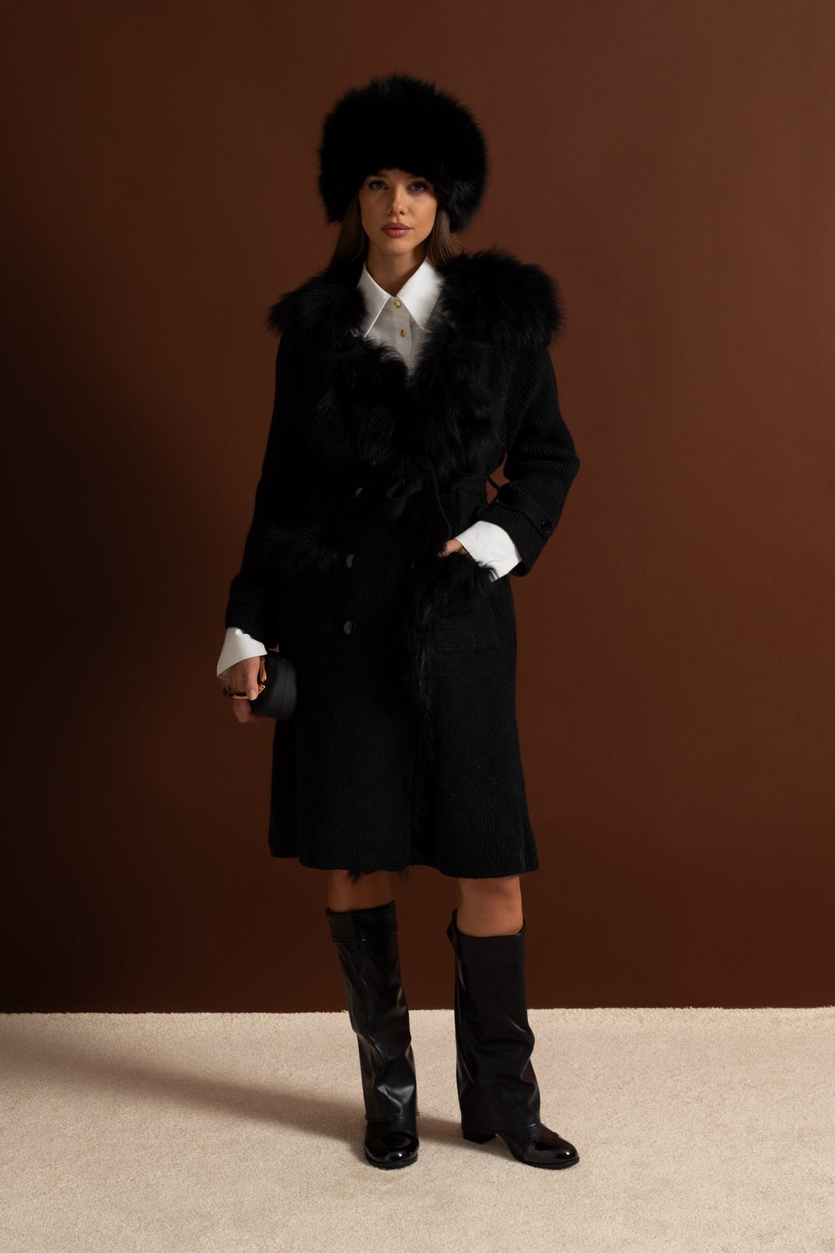 Double-Breasted Wool Knit Belted Overcoat with Collar Trim – Black – view 8