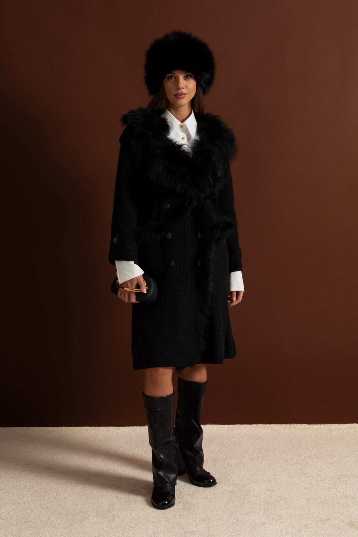 Double-Breasted Wool Knit Belted Overcoat with Collar Trim – Black – view 9