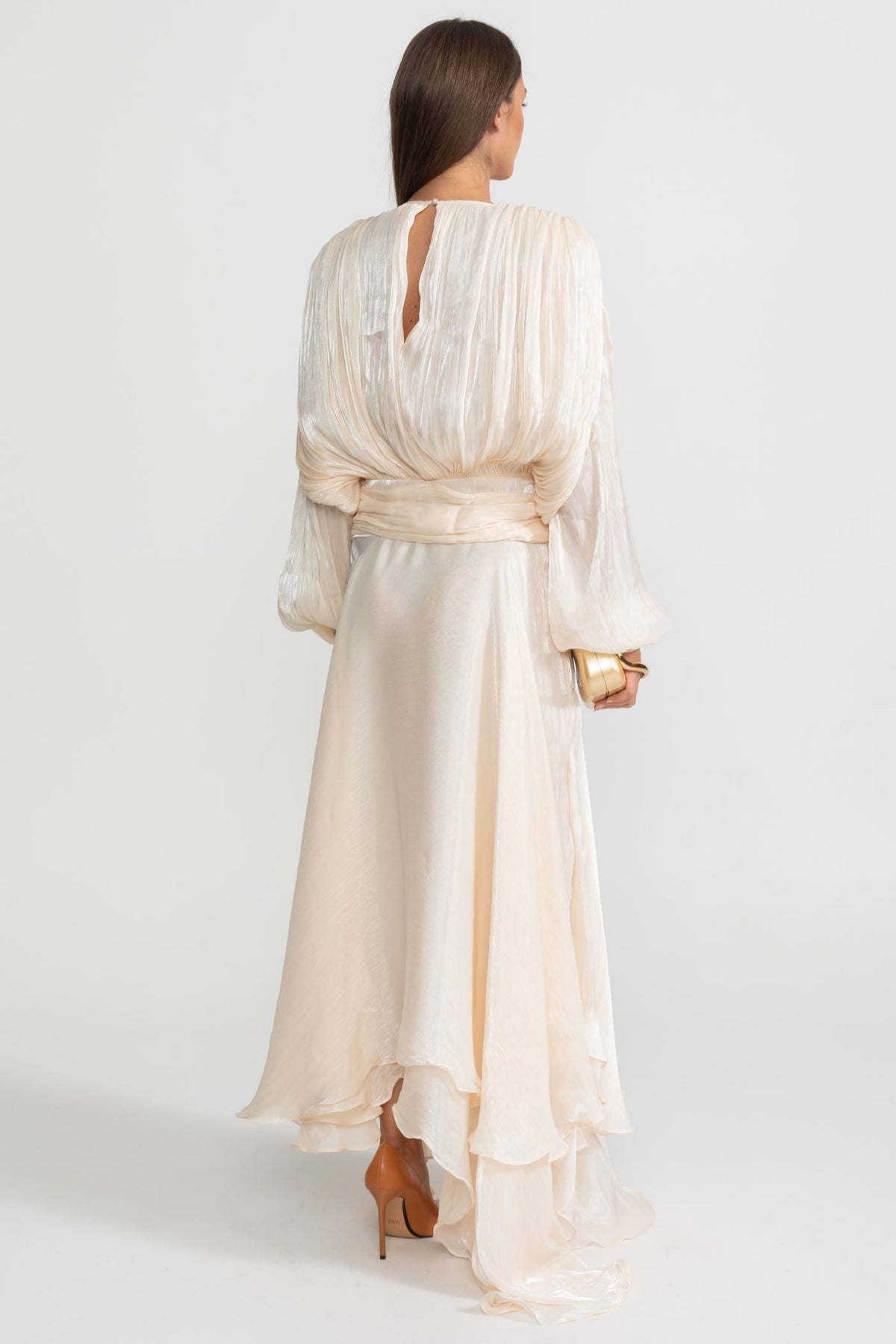 Pleated Bodice Tie Neck Maxi Dress with Draped Skirt – Ivory – view 5