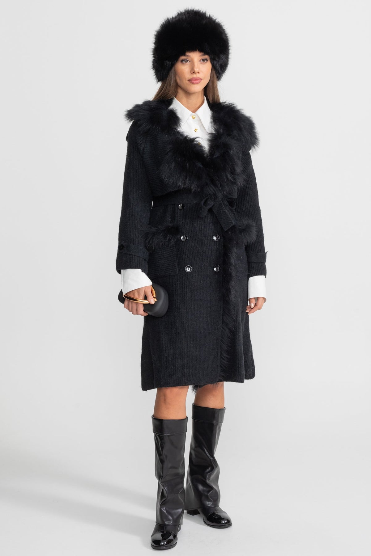 Double-Breasted Wool Knit Belted Overcoat with Collar Trim – Black – view 3