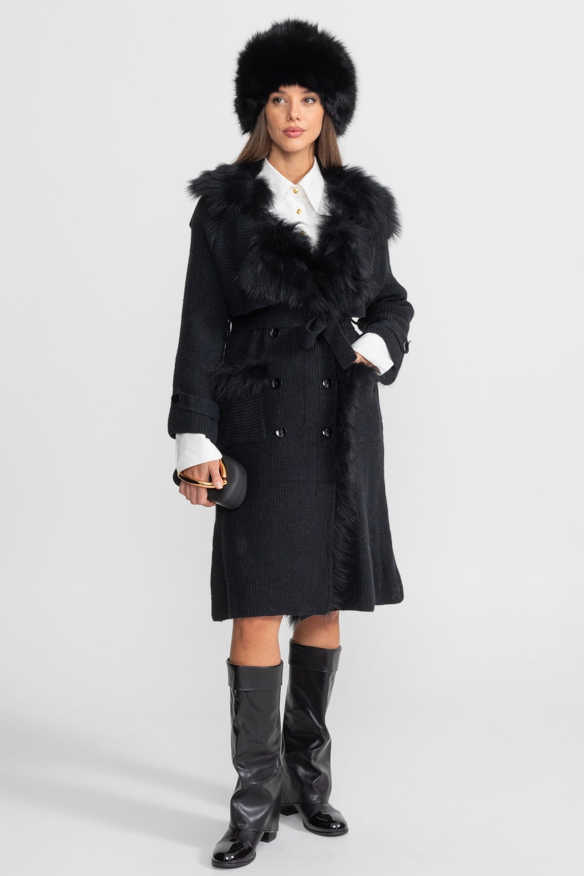 Double-Breasted Wool Knit Belted Overcoat with Collar Trim – Black – view 4