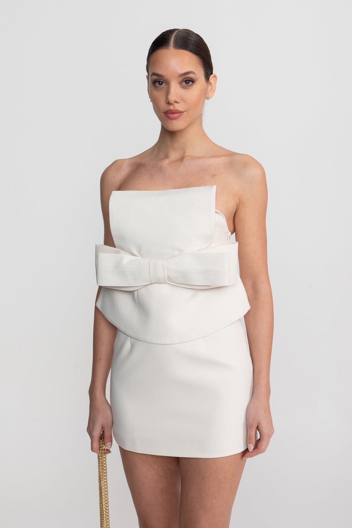 Strapless Bandeau Mini Dress with Oversized Bow and Peplum Overlay – White – view 4