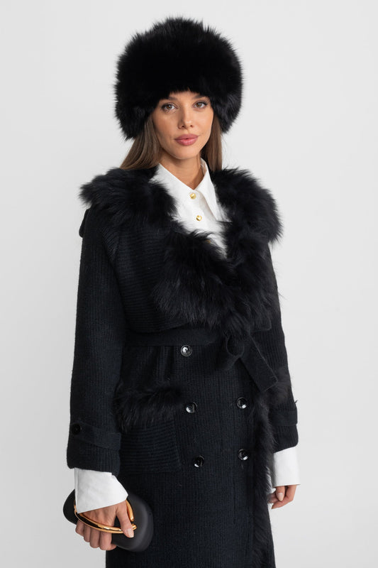 Double-Breasted Wool Knit Belted Overcoat with Collar Trim – Black – view 2
